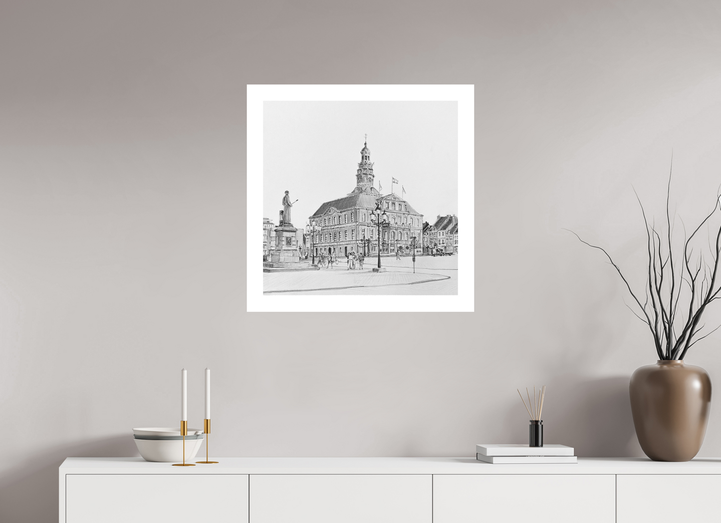 60 x 60 cm, Artprint op aquarelpapier Cityhall Maastricht