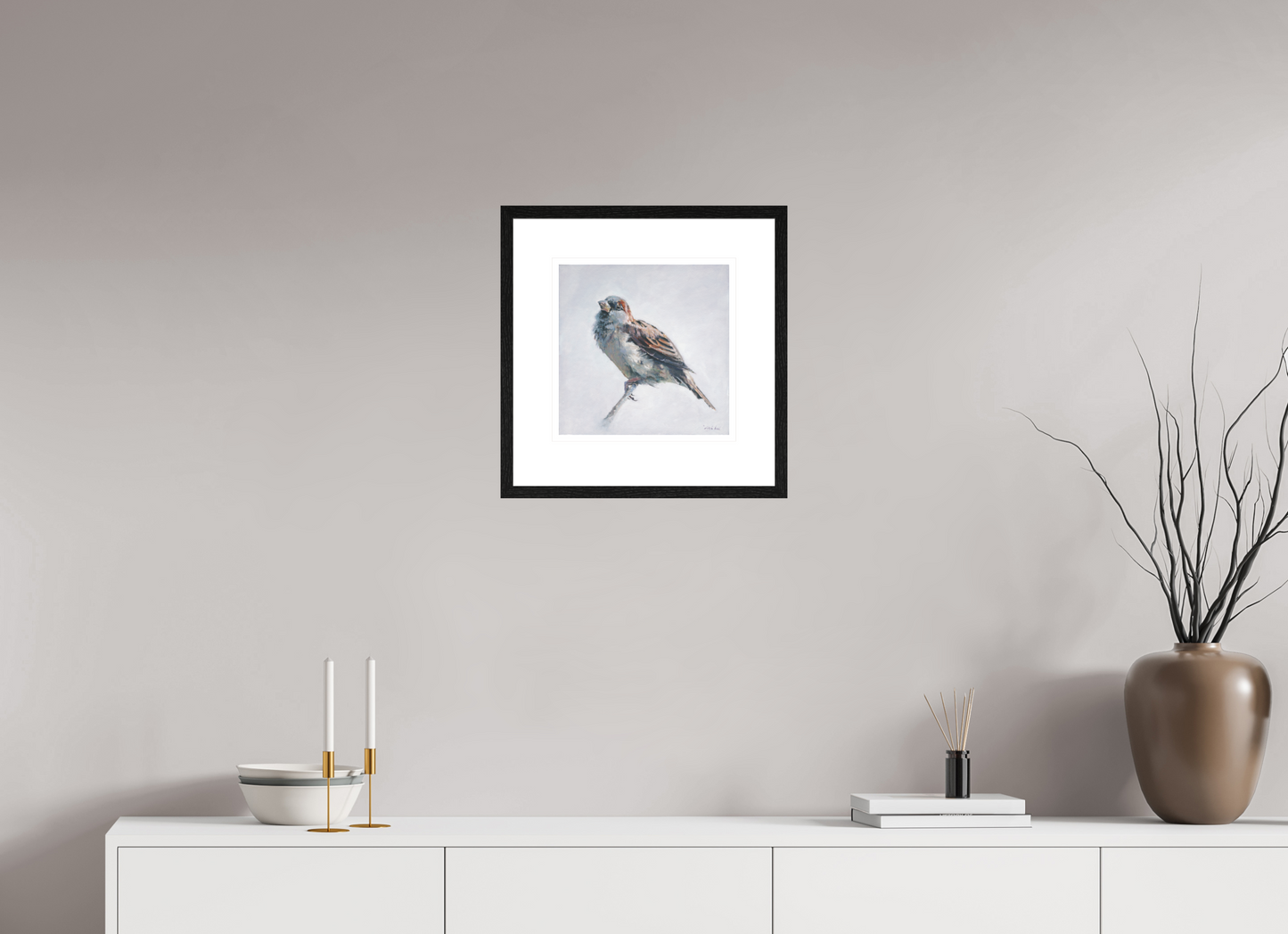 30 x 30 cm, Giclee met zwart eiken lijst Sparrow