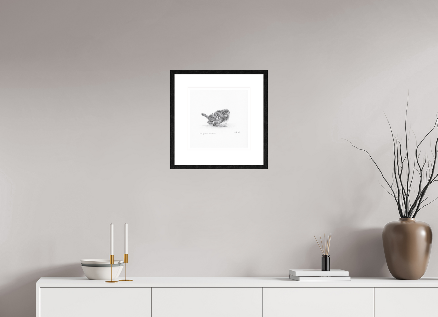 30 x 30 cm, Giclee met zwart eiken lijst Baby Sparrow