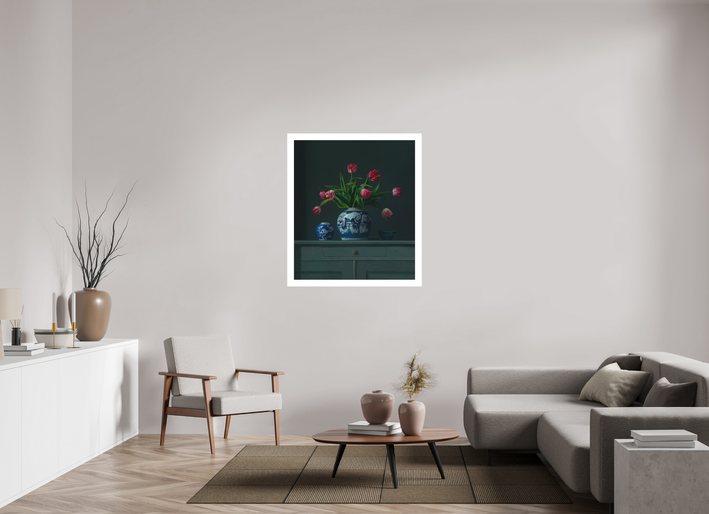 90 x 103,8 cm, Artprint op aquarelpapier Tulips in Chinese Ginger jar.