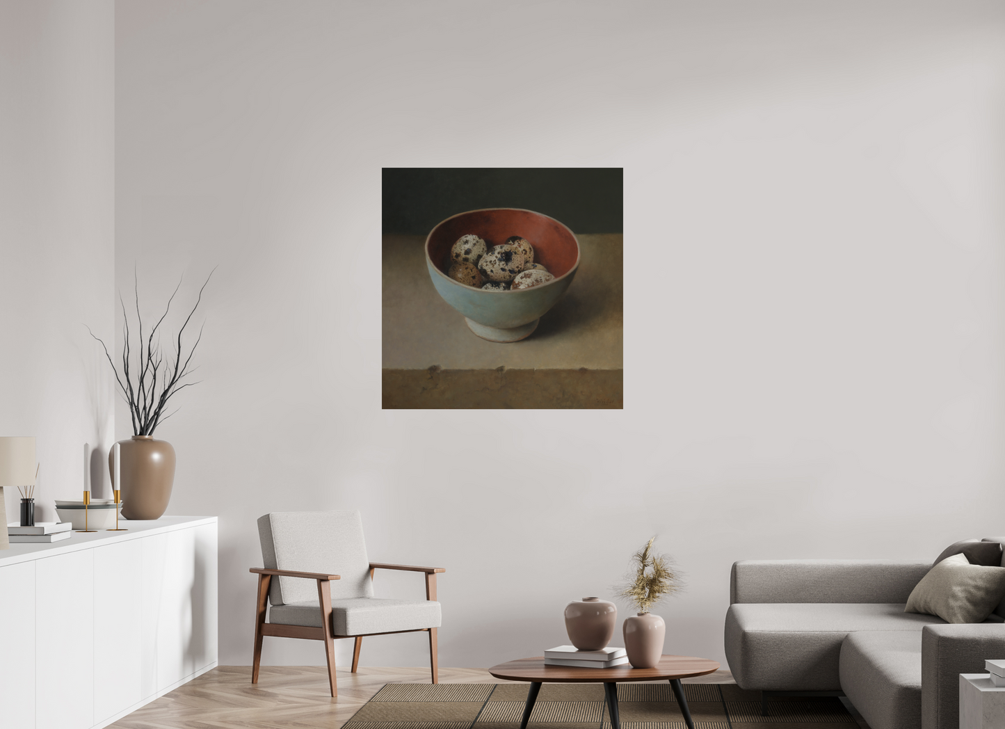 100 x 100 cm, Directdruk op dibond Quail Eggs in Wooden Bowl