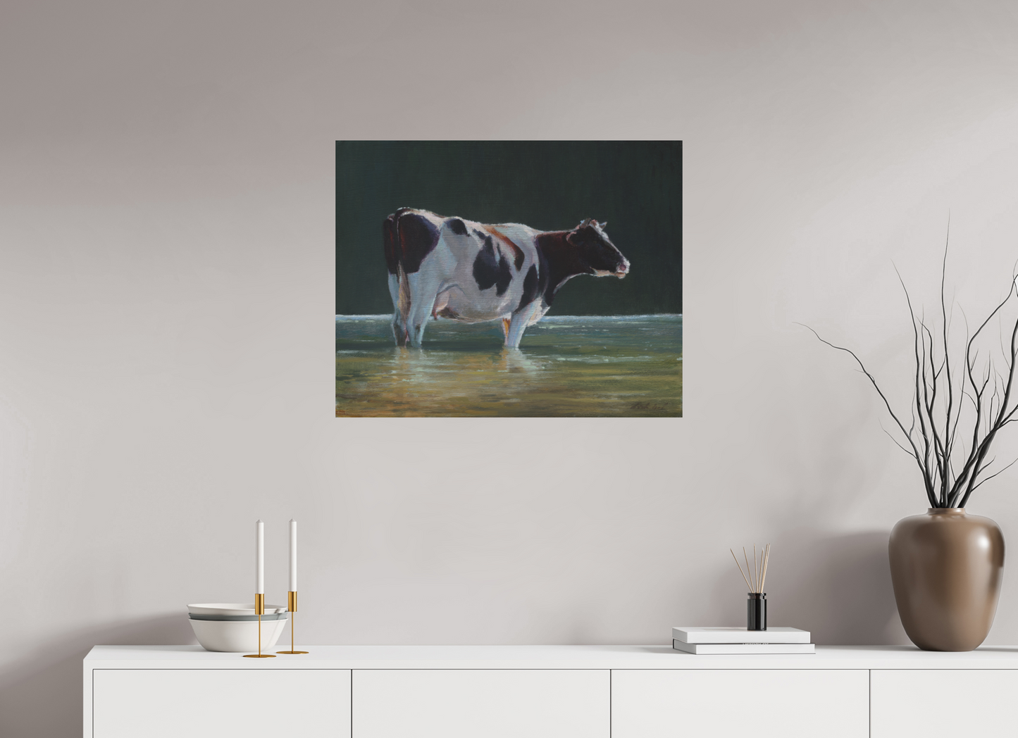 75,1 x 60 cm, Directdruk op dibond Cow in river