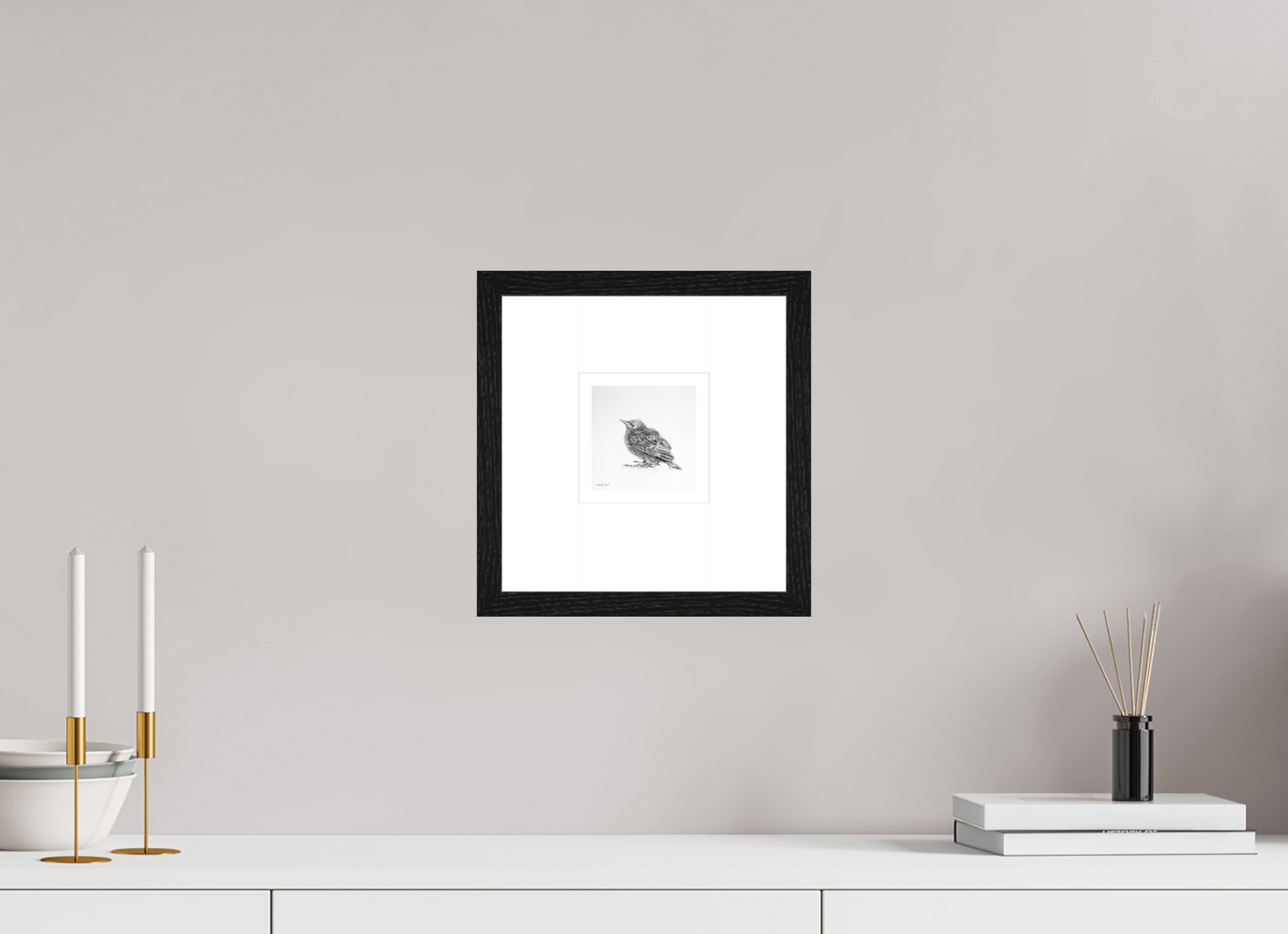 10 x 10 cm, Giclee met zwart eiken lijst Baby Starling