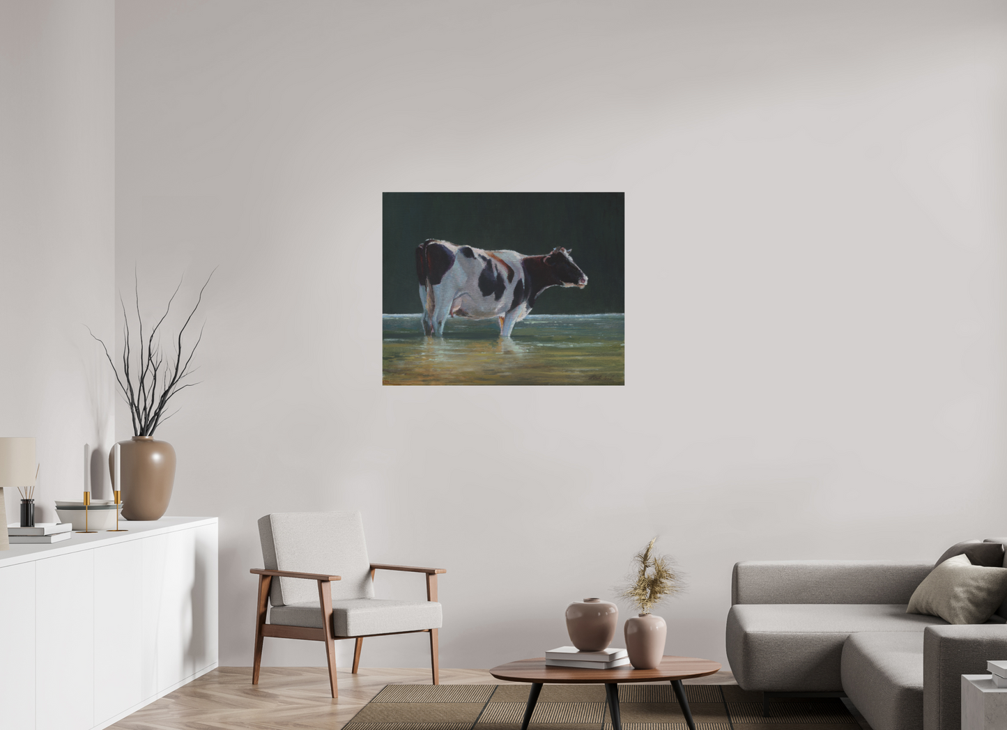 100,1 x 80 cm, Directdruk op dibond Cow in river