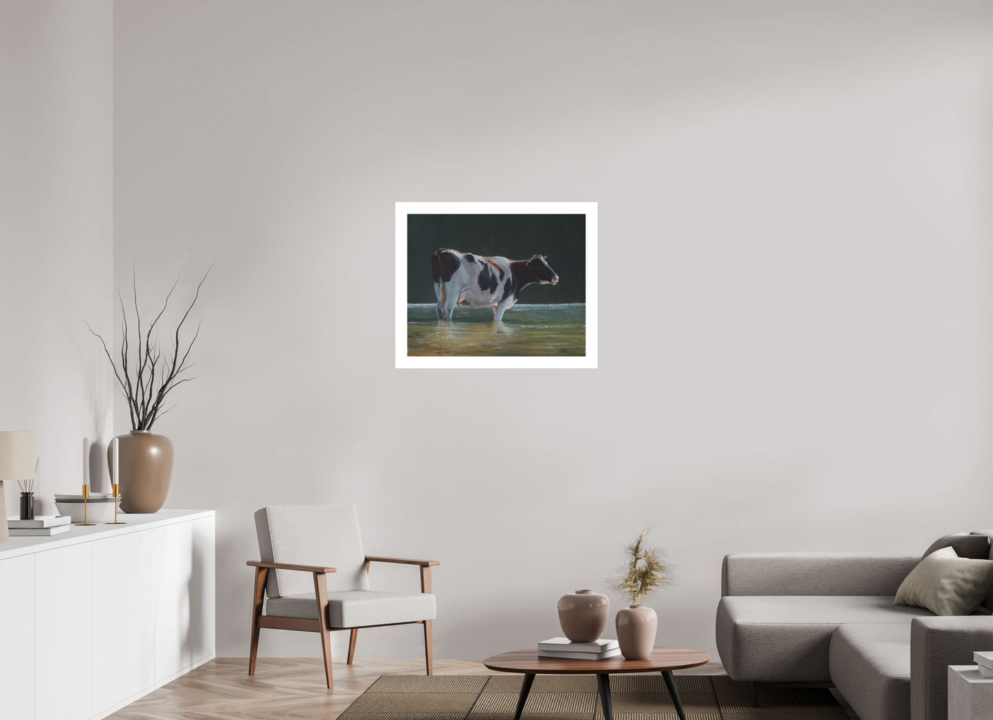 75,1 x 60 cm, Artprint op aquarelpapier Cow in river