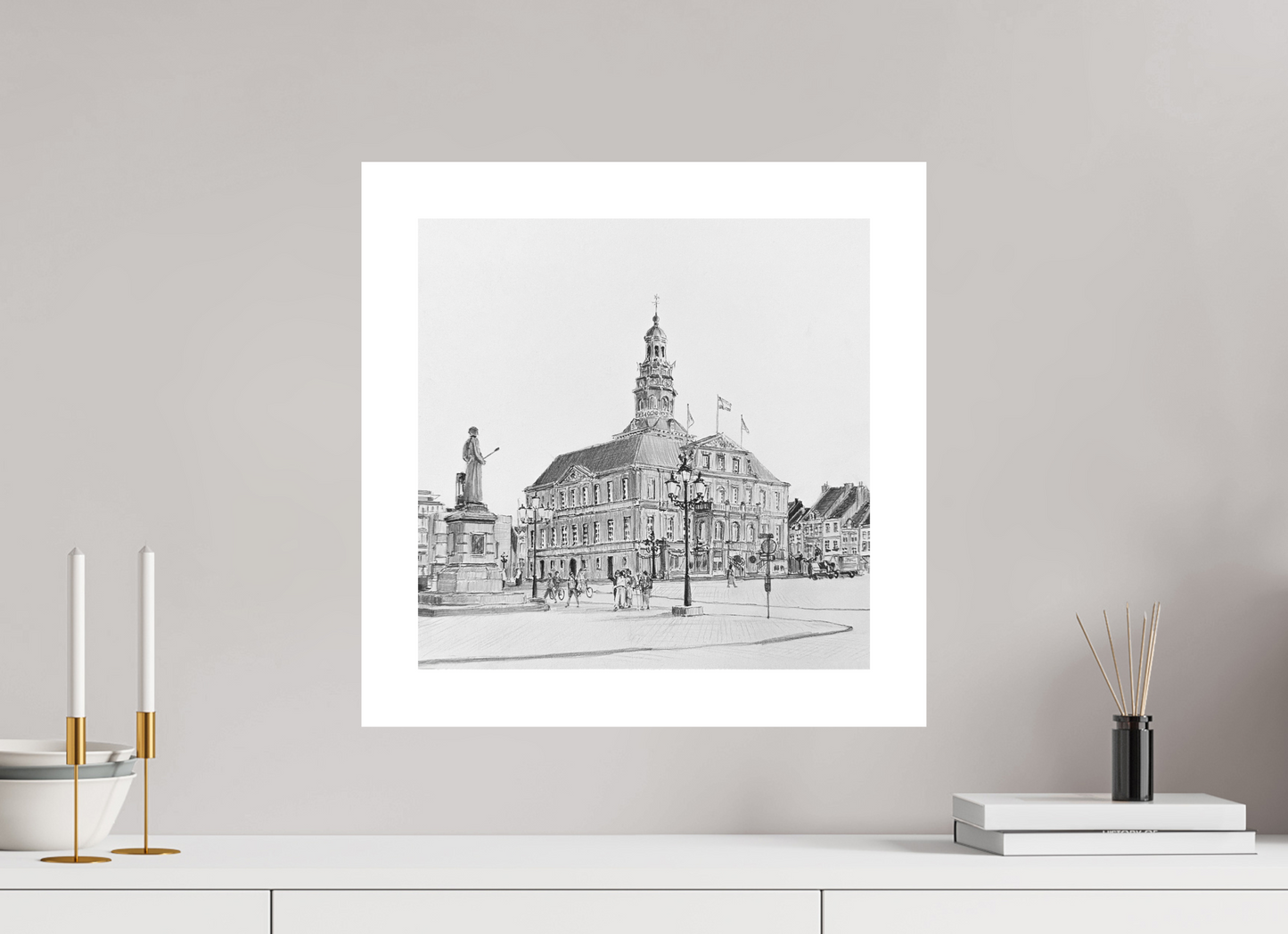 40 x 40 cm, Artprint op aquarelpapier Cityhall Maastricht