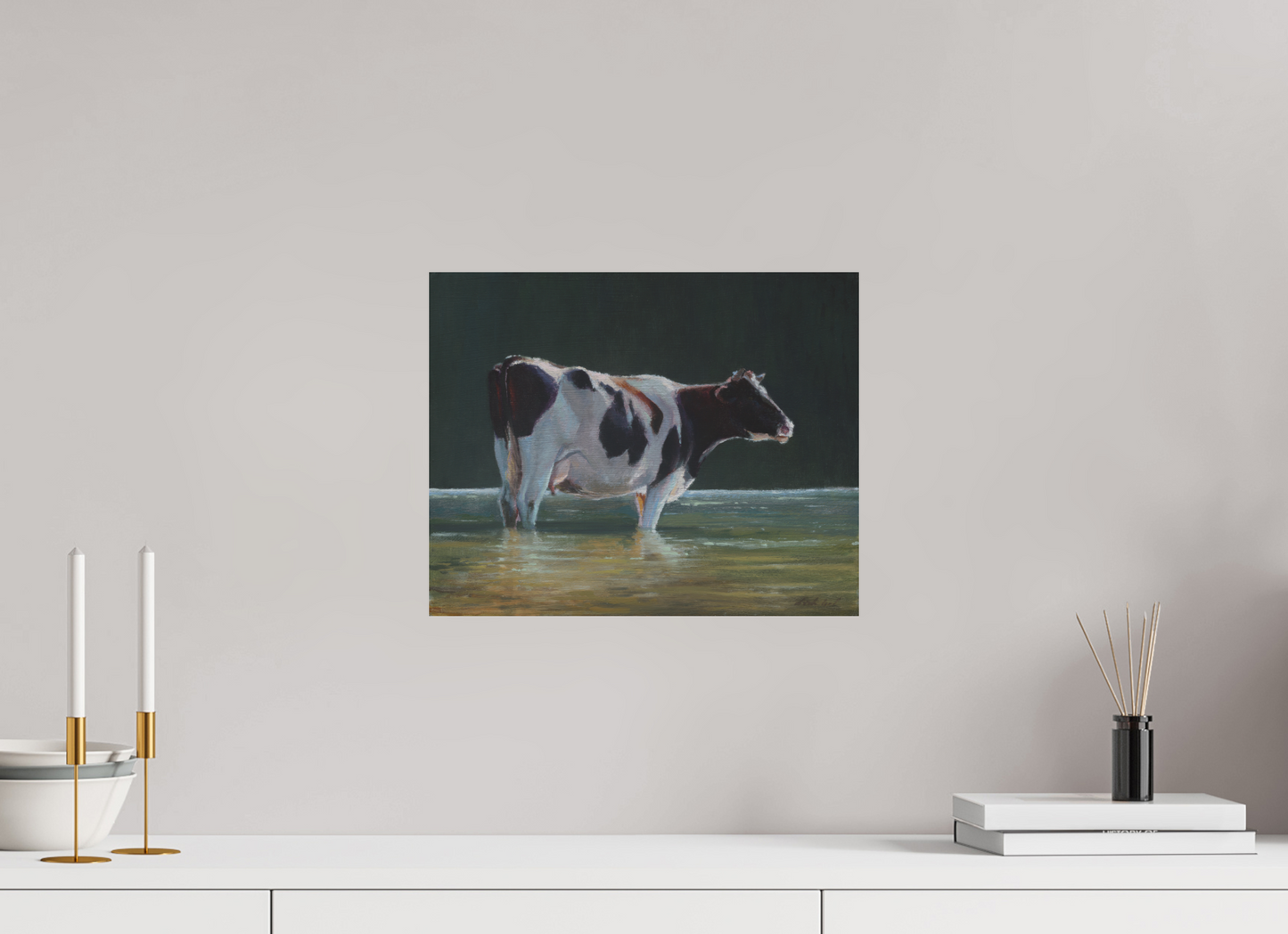 37,5 x 30 cm, Directdruk op dibond Cow in river