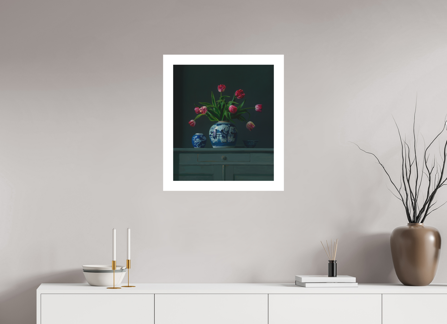 50 x 57,7 cm, Artprint op aquarelpapier Tulips in Chinese Ginger jar.