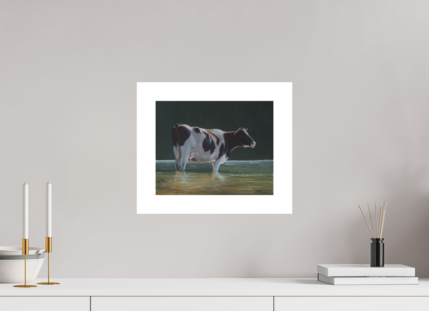 31,3 x 25 cm, Artprint op aquarelpapier Cow in river