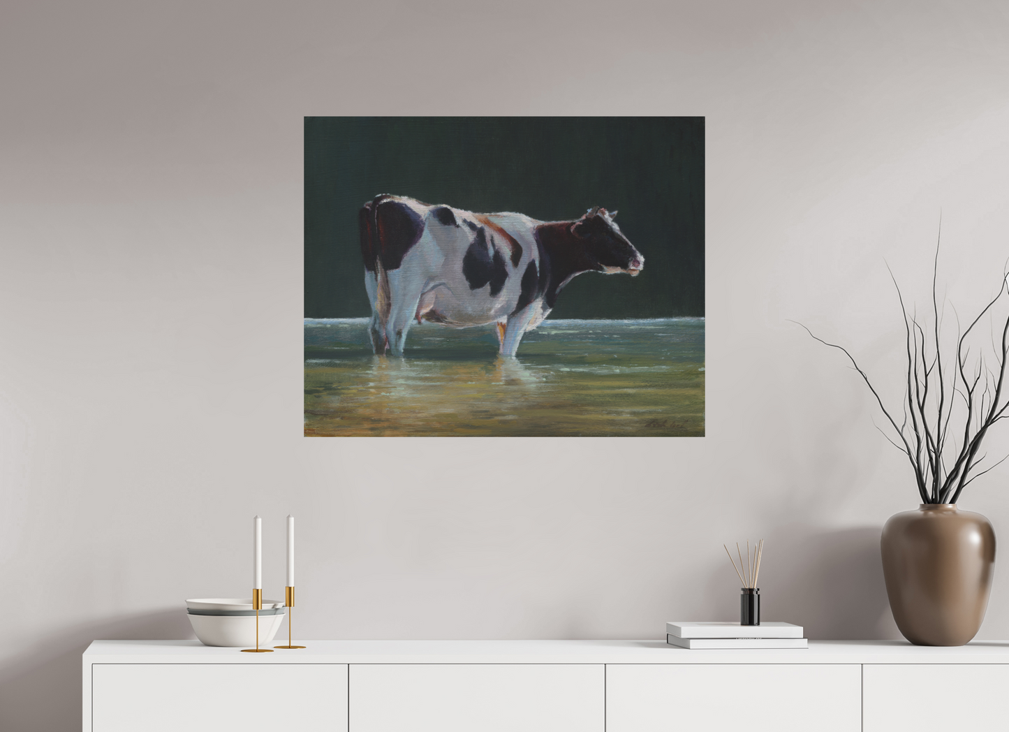 87,6 x 70 cm, Directdruk op dibond Cow in river