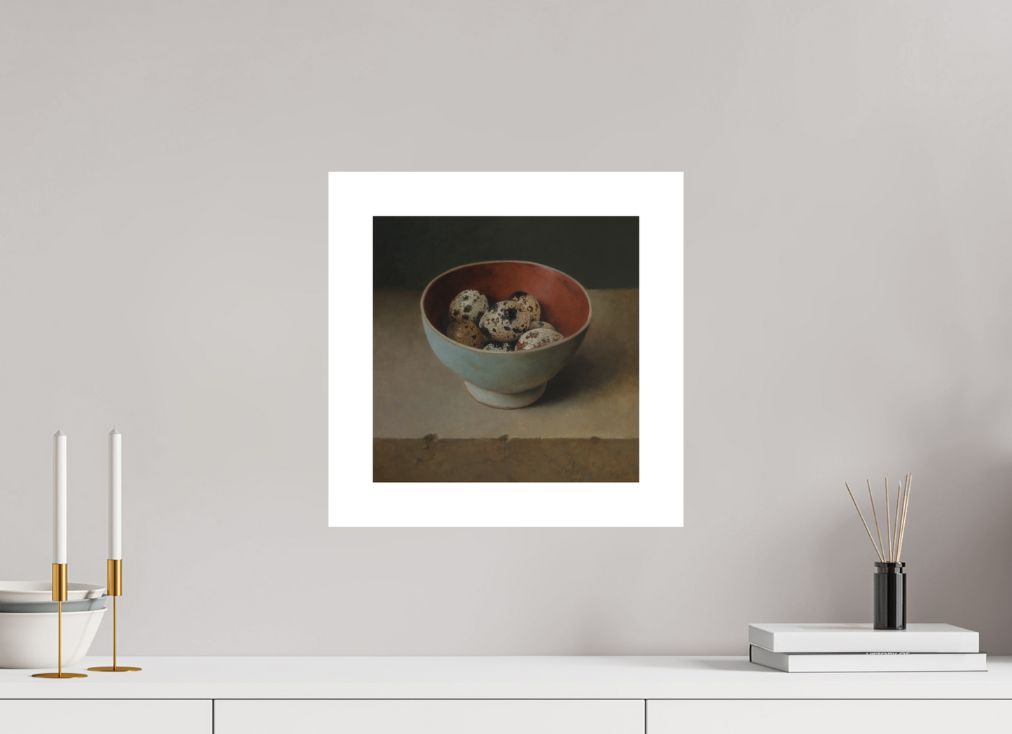 30 x 30 cm, Artprint op aquarelpapier Quail Eggs in Wooden Bowl