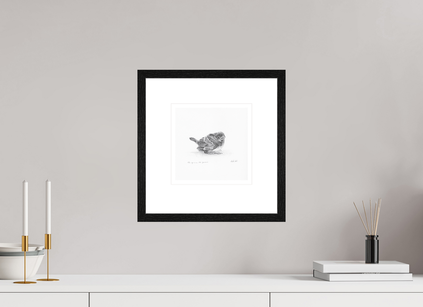 20 x 20 cm, Giclee met zwart eiken lijst Baby Sparrow
