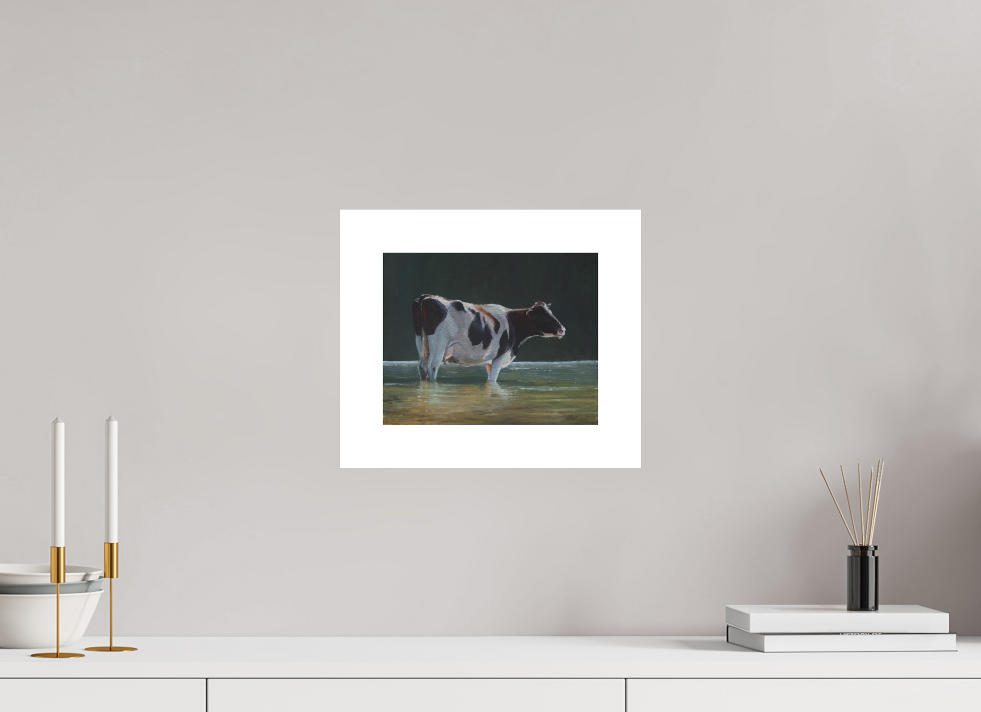 25 x 20 cm, Artprint op aquarelpapier Cow in river