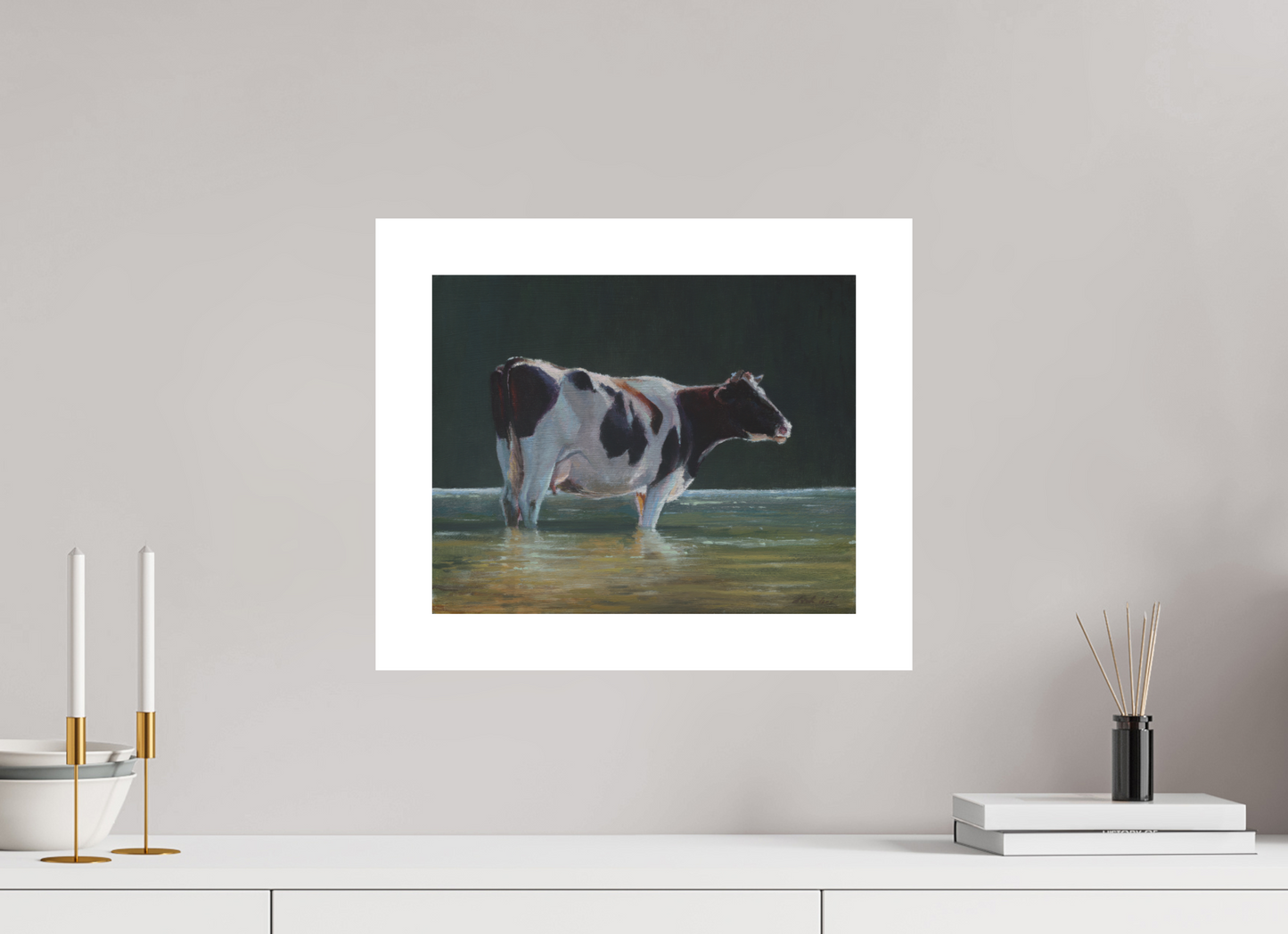 37,5 x 30 cm, Artprint op aquarelpapier Cow in river