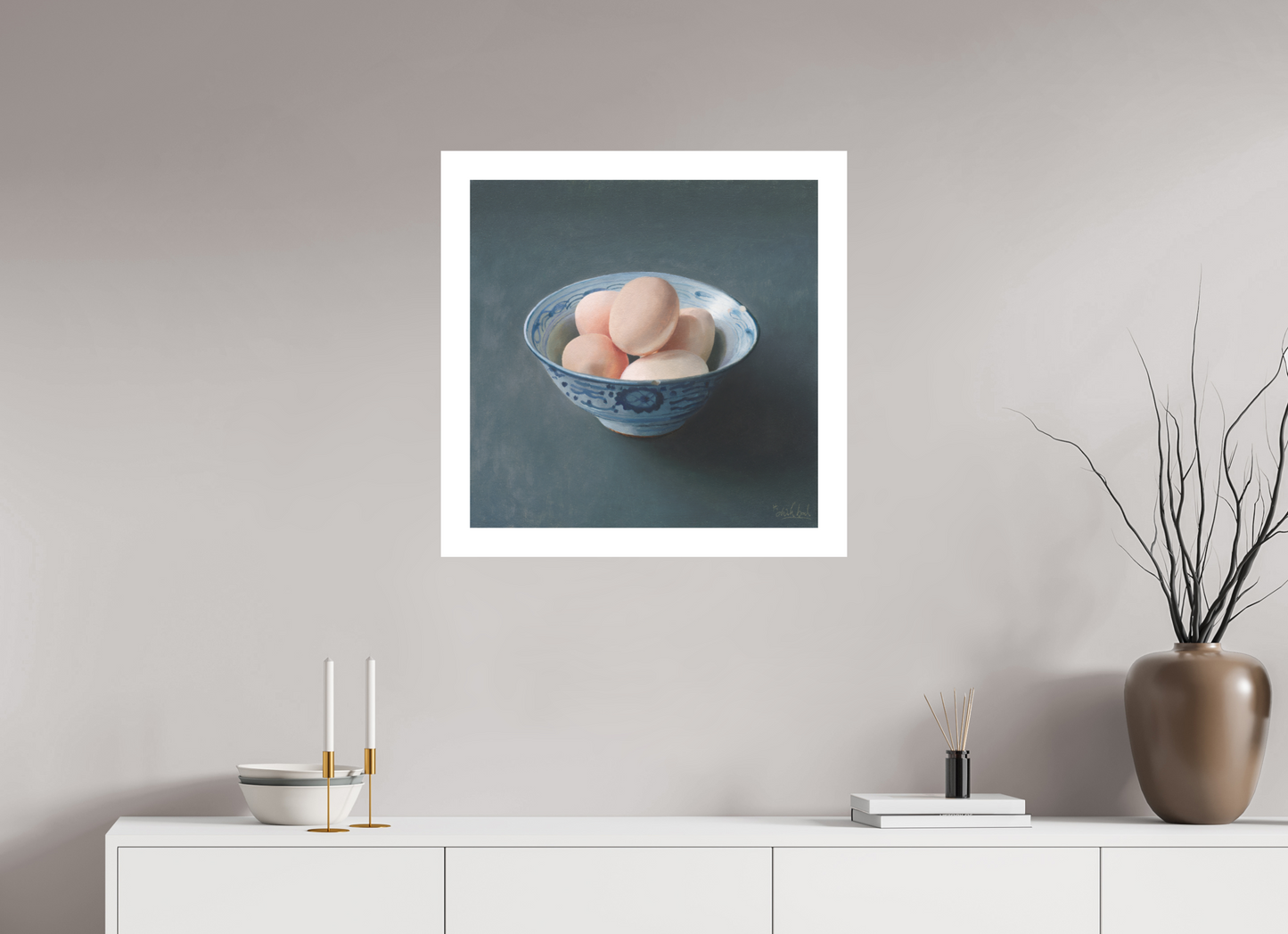 60 x 60 cm, Artprint op aquarelpapier Eggs in Chinese bowl