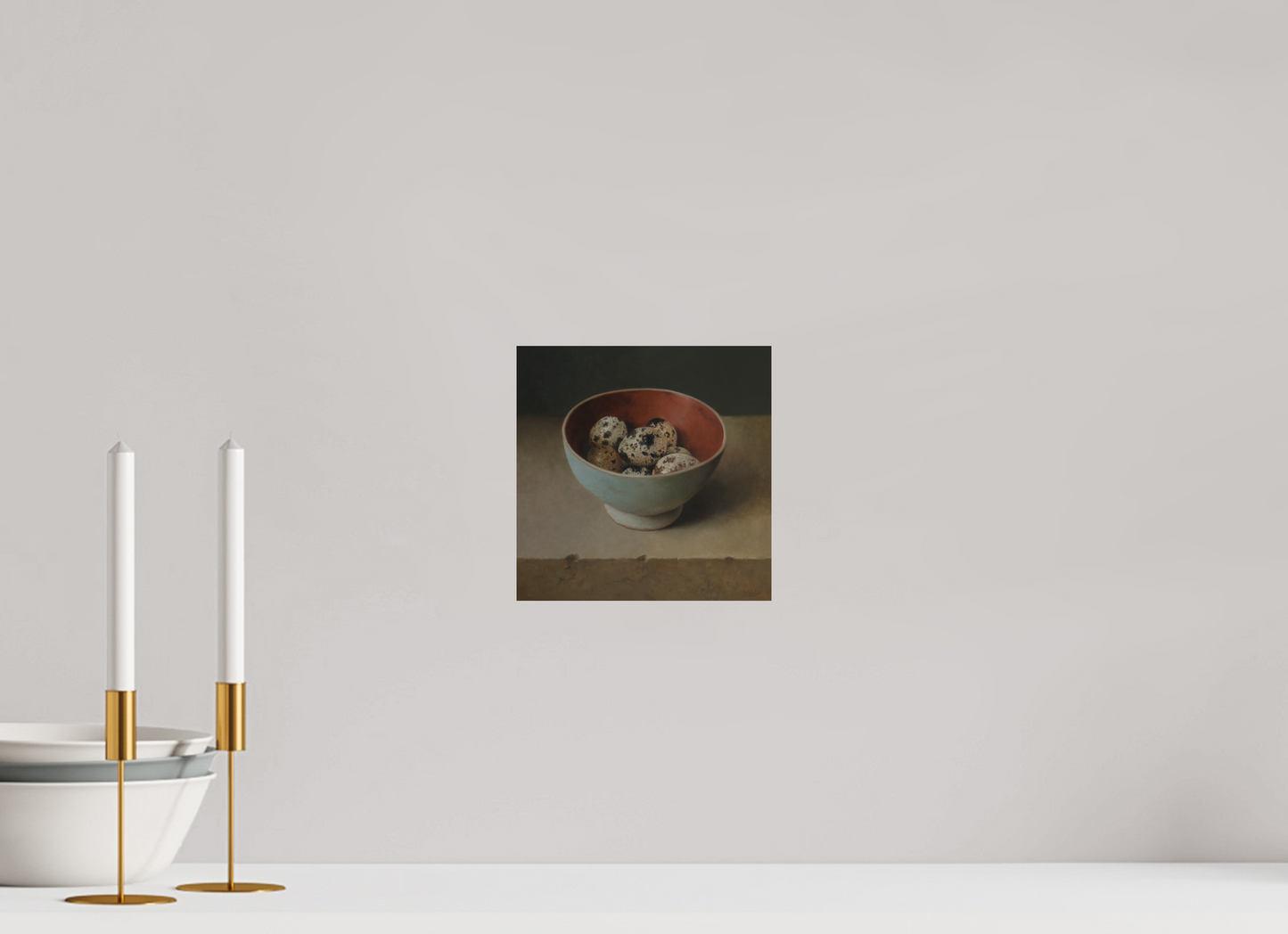 20 x 20 cm, Directdruk op dibond Quail Eggs in Wooden Bowl