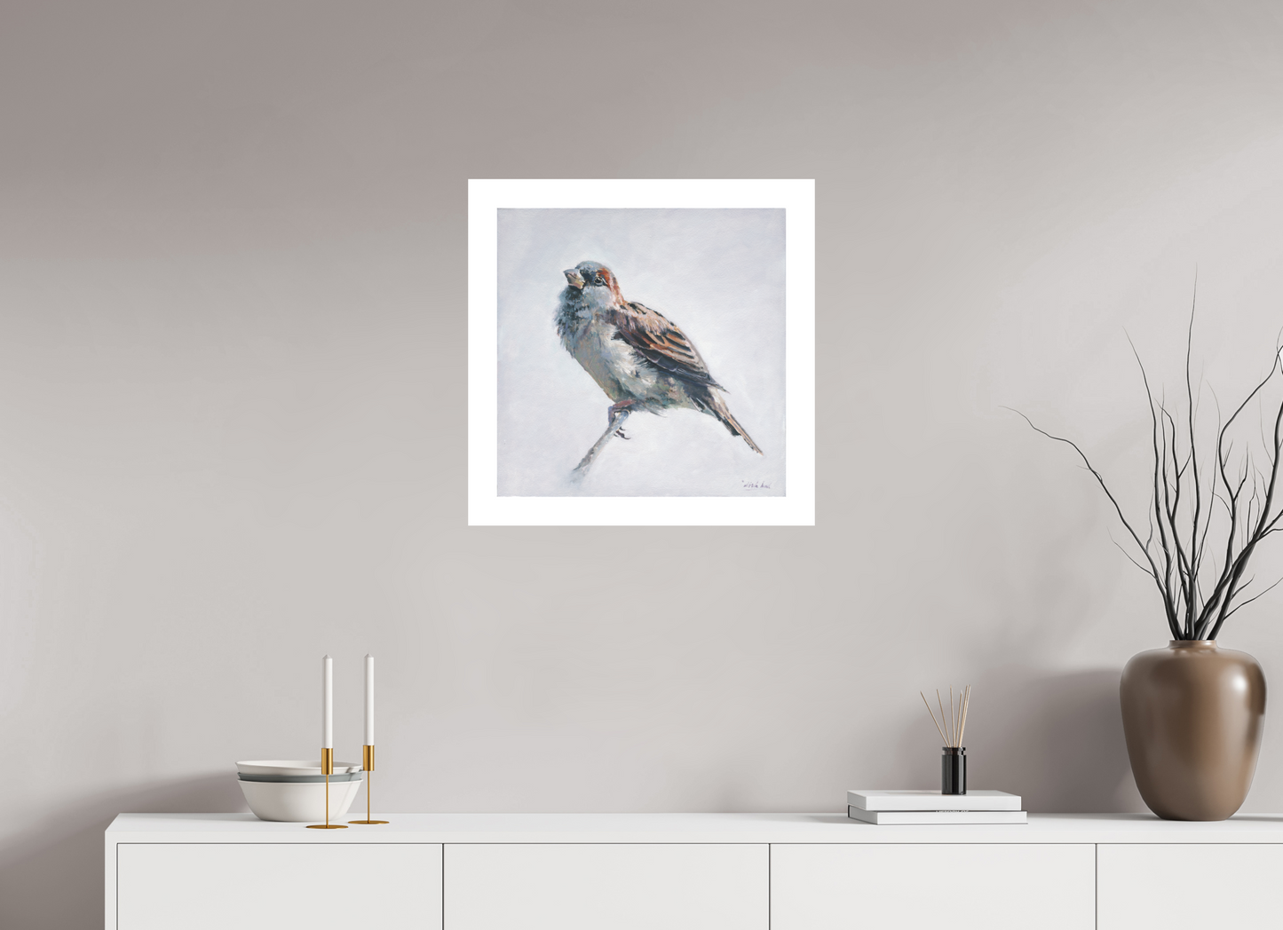50 x 50 cm, Artprint op aquarelpapier Sparrow