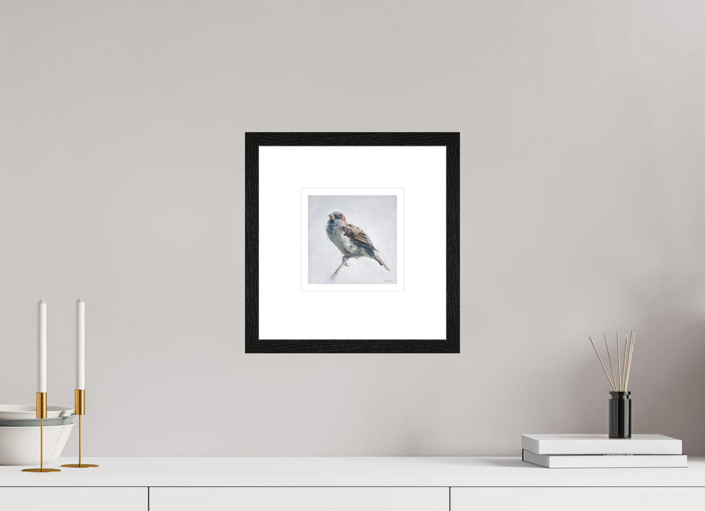 15 x 15 cm, Giclee met zwart eiken lijst Sparrow
