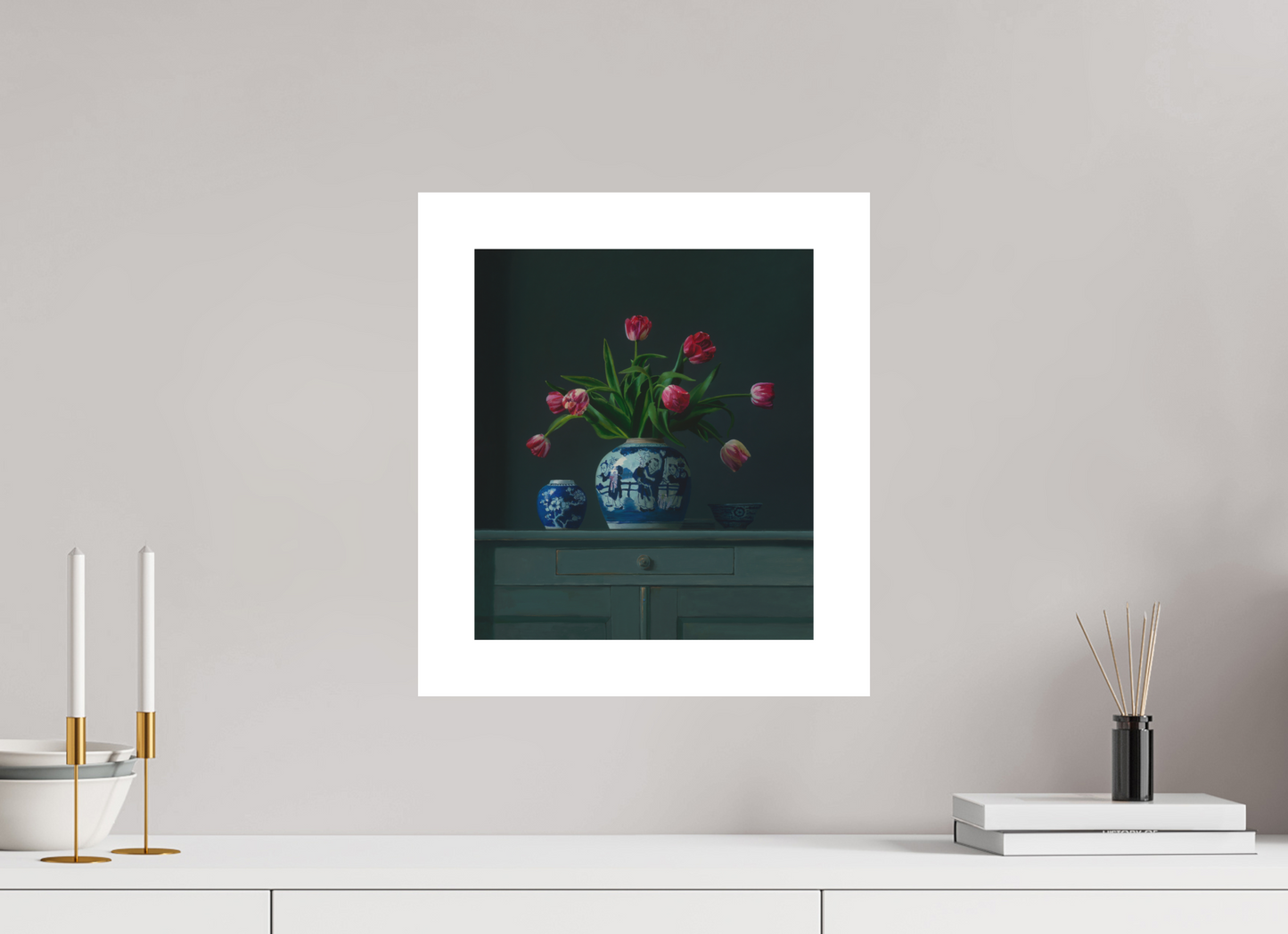30 x 34,6 cm, Artprint op aquarelpapier Tulips in Chinese Ginger jar.