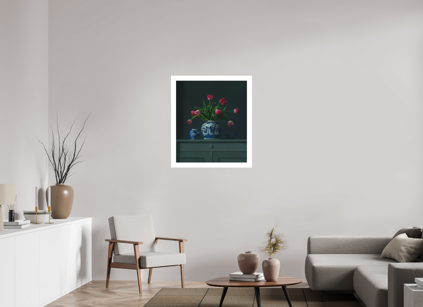 70 x 80,8 cm, Artprint op aquarelpapier Tulips in Chinese Ginger jar.