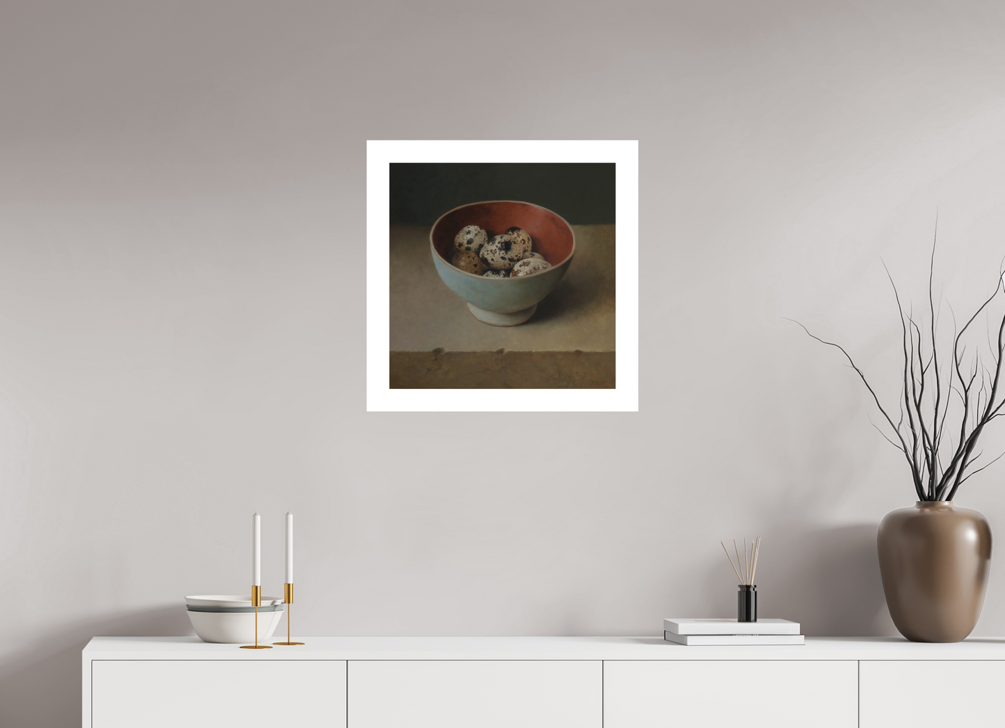 50 x 50 cm, Artprint op aquarelpapier Quail Eggs in Wooden Bowl