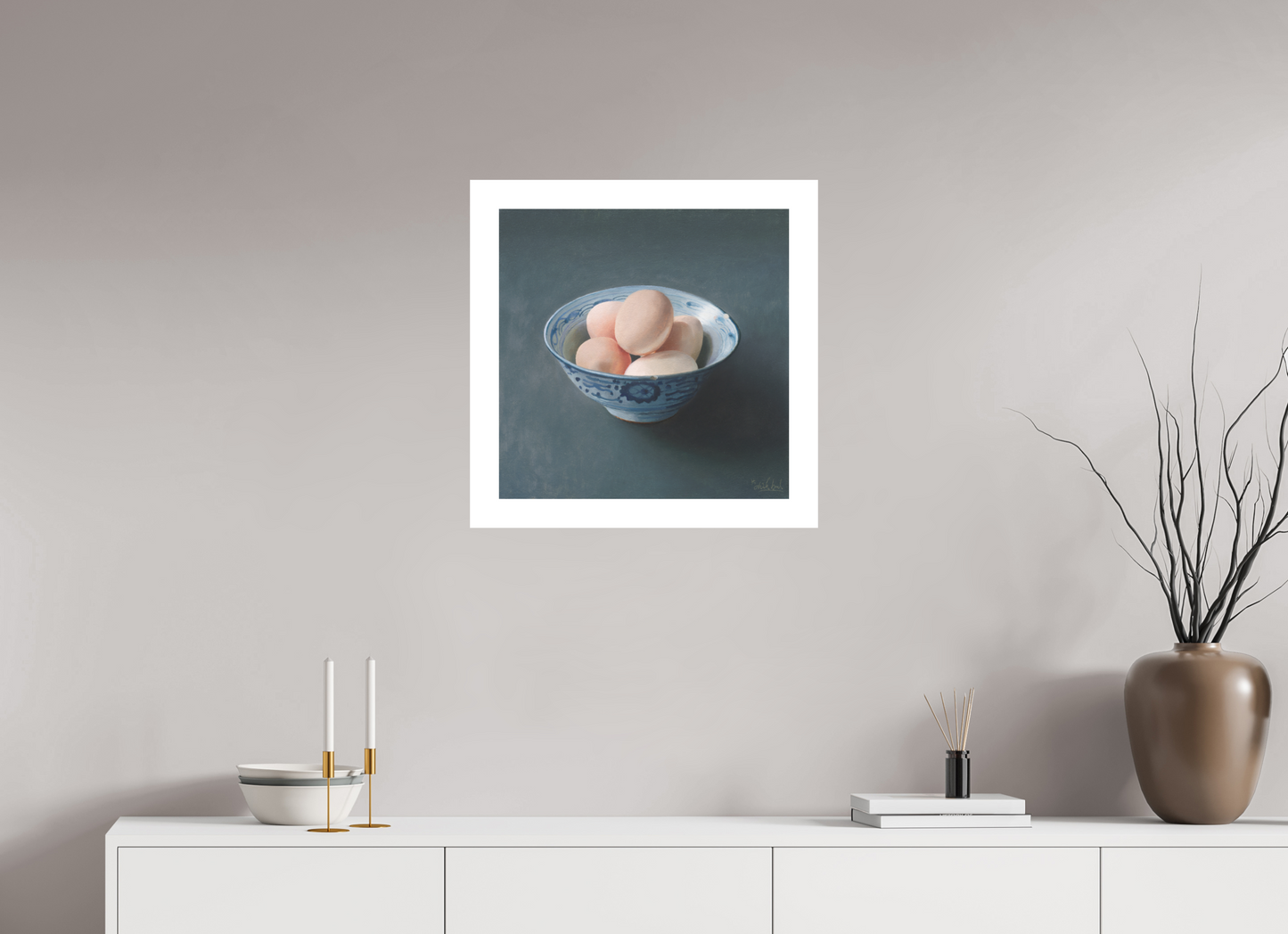 50 x 50 cm, Artprint op aquarelpapier Eggs in Chinese bowl