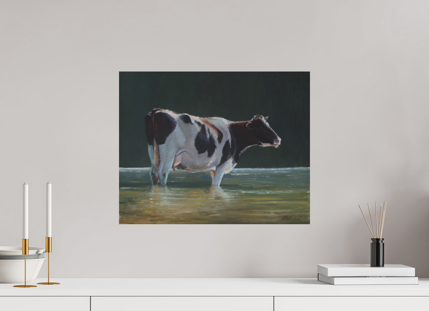 50 x 40 cm, Directdruk op dibond Cow in river
