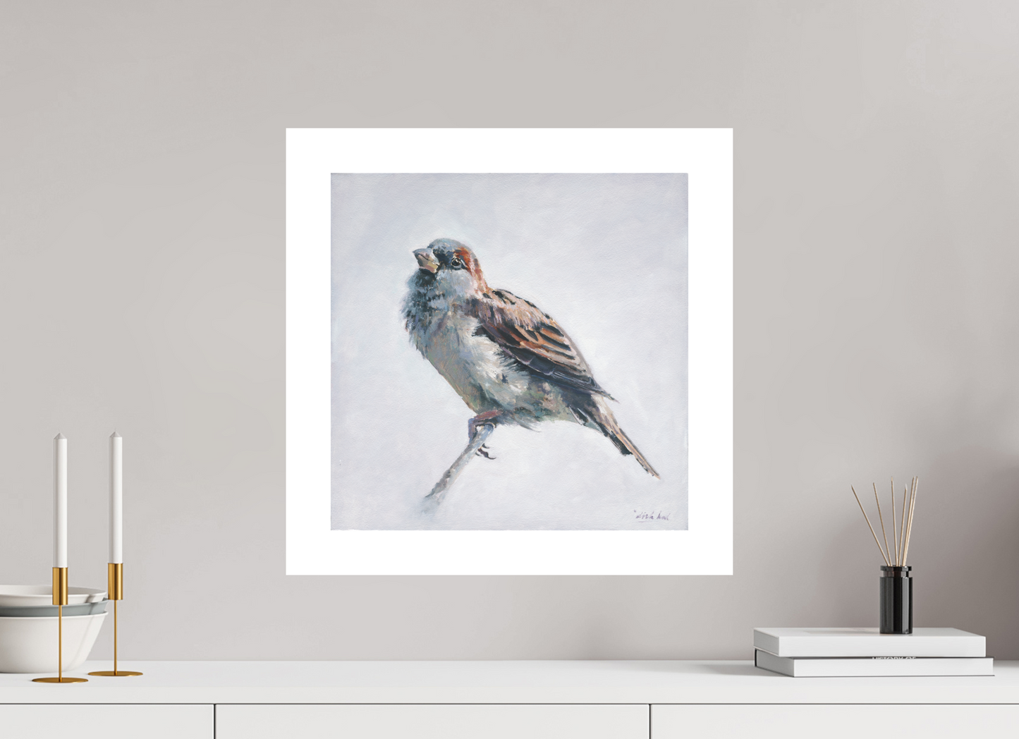 40 x 40 cm, Artprint op aquarelpapier Sparrow