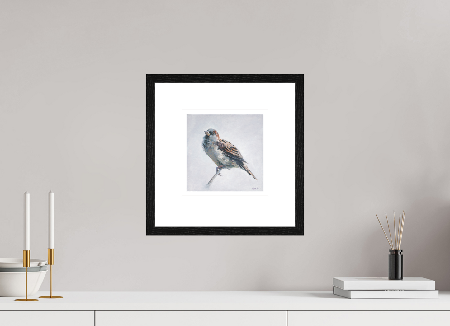 20 x 20 cm, Giclee met zwart eiken lijst Sparrow