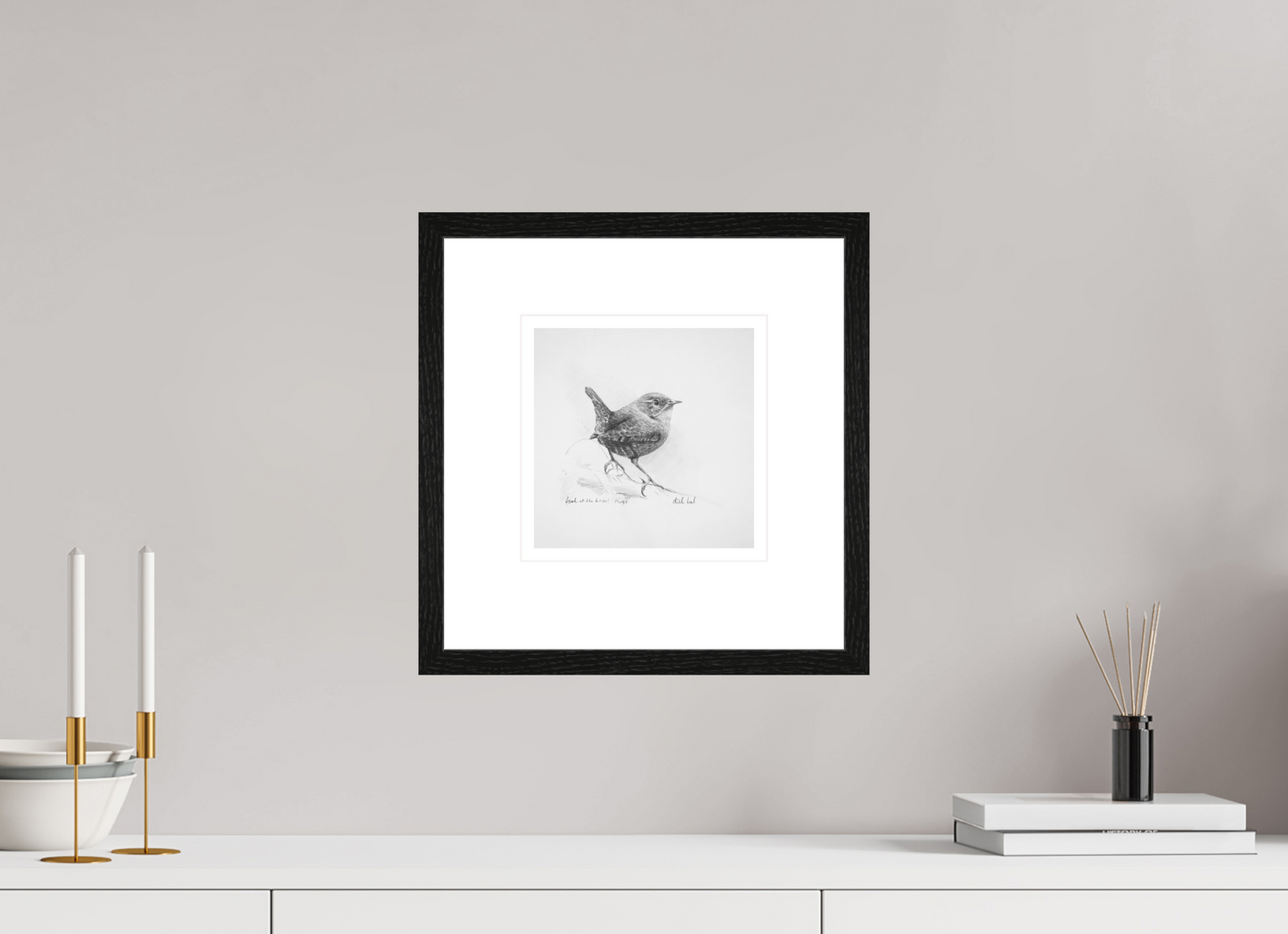 20 x 20 cm, Giclee met zwart eiken lijst Wren