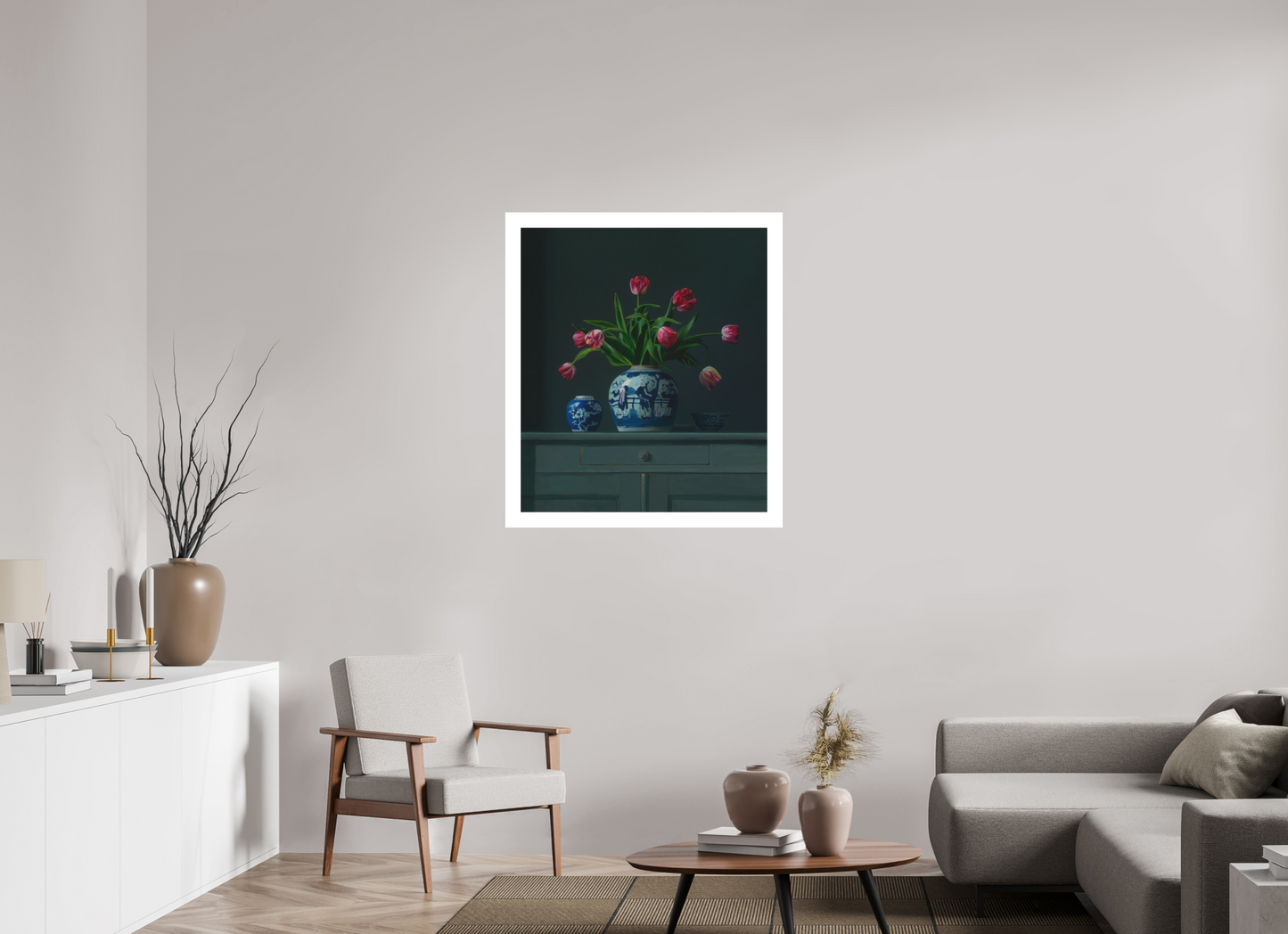 80 x 92,3 cm, Artprint op aquarelpapier Tulips in Chinese Ginger jar.
