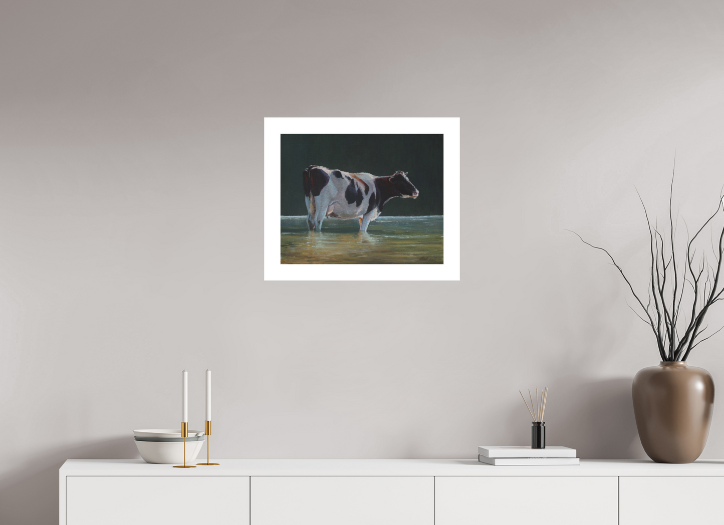 50 x 40 cm, Artprint op aquarelpapier Cow in river