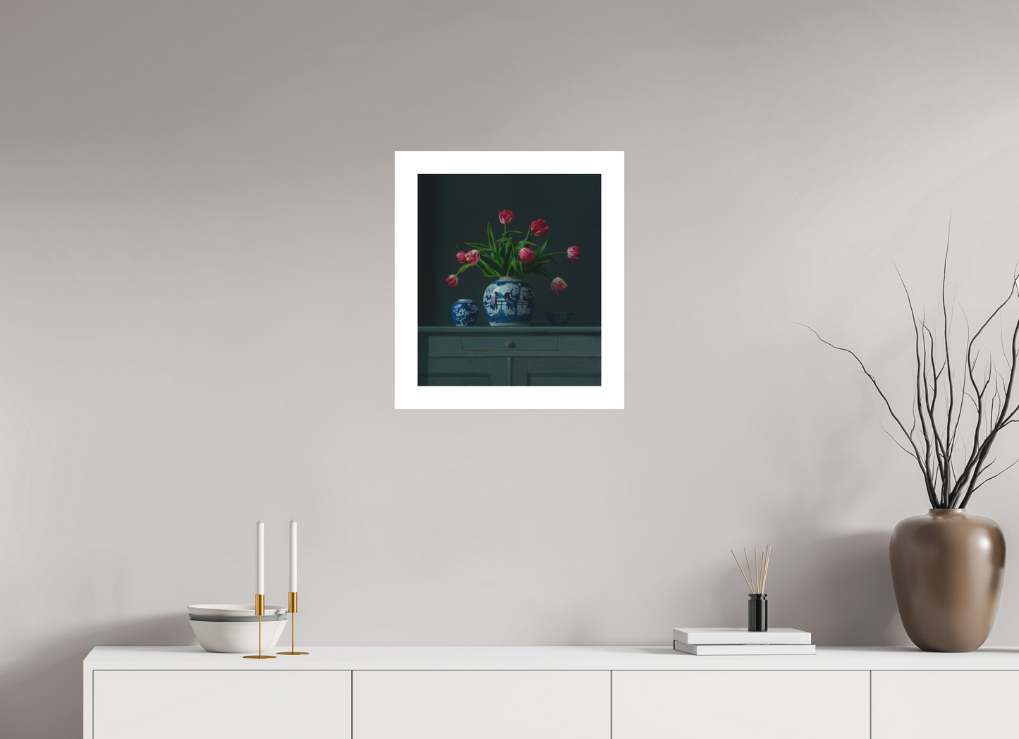 40 x 46,2 cm, Artprint op aquarelpapier Tulips in Chinese Ginger jar.