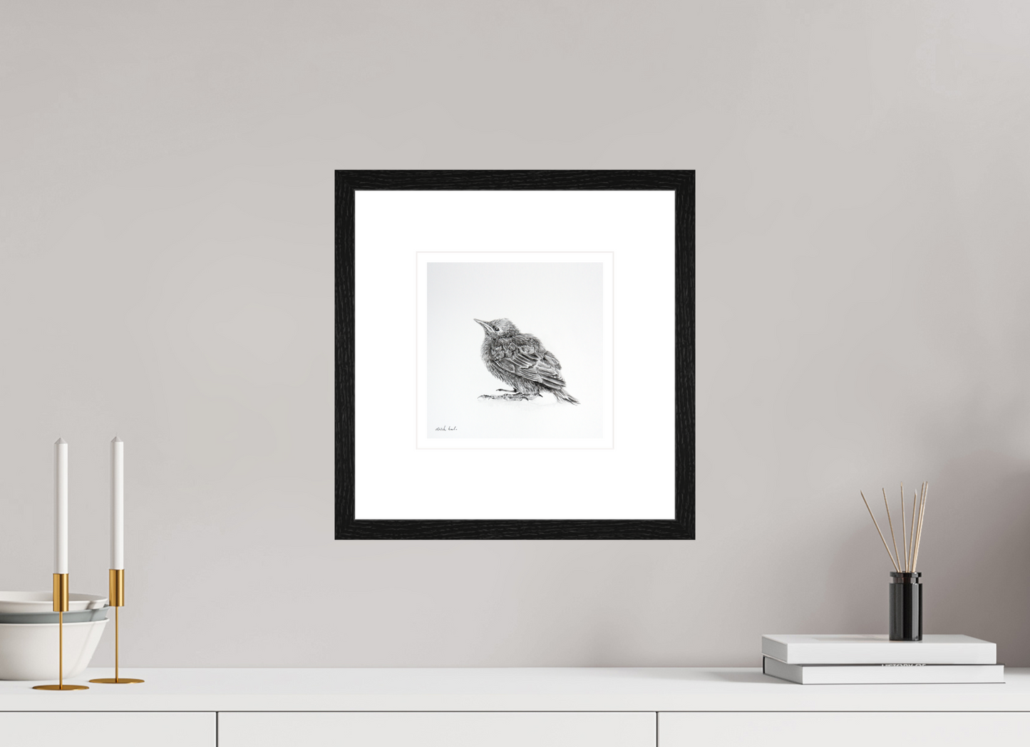 20 x 20 cm, Giclee met zwart eiken lijst Baby Starling