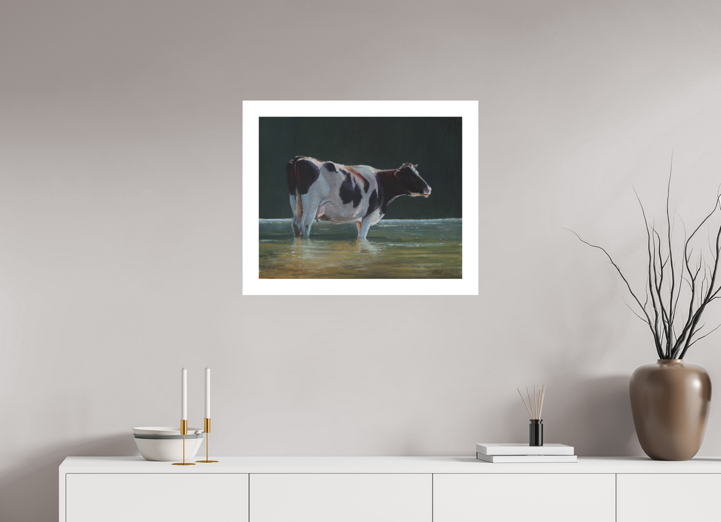 62,6 x 50 cm, Artprint op aquarelpapier Cow in river