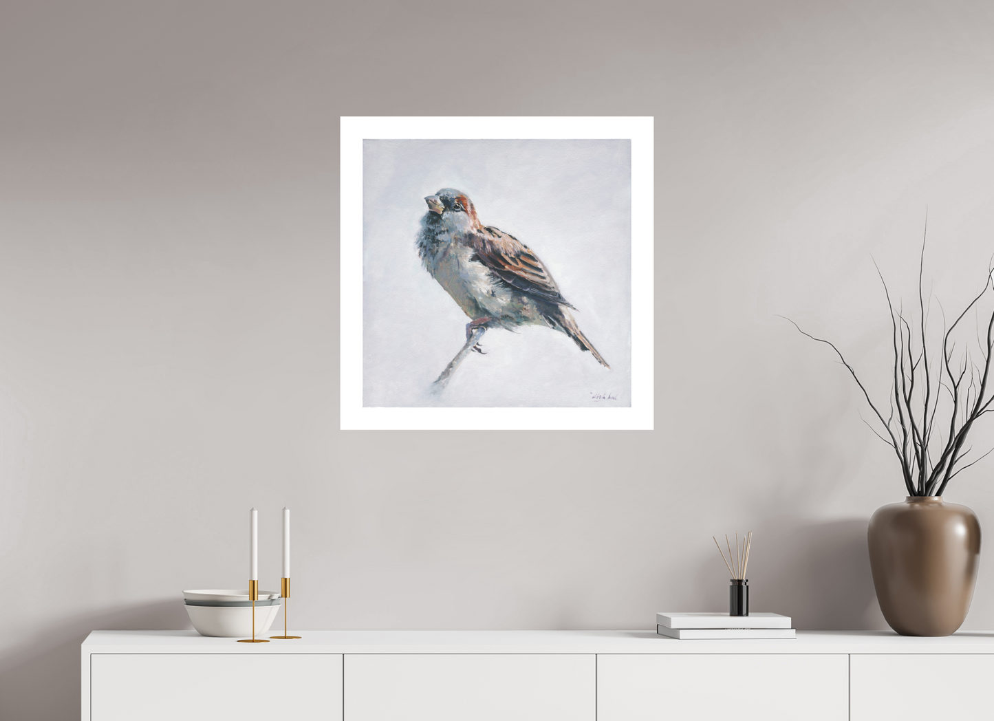 60 x 60 cm, Artprint op aquarelpapier Sparrow