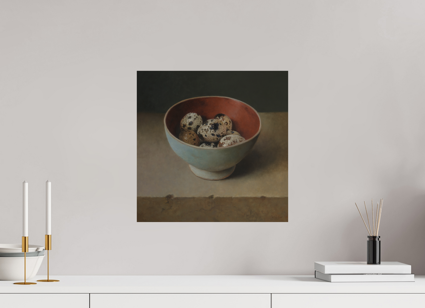 40 x 40 cm, Directdruk op dibond Quail Eggs in Wooden Bowl