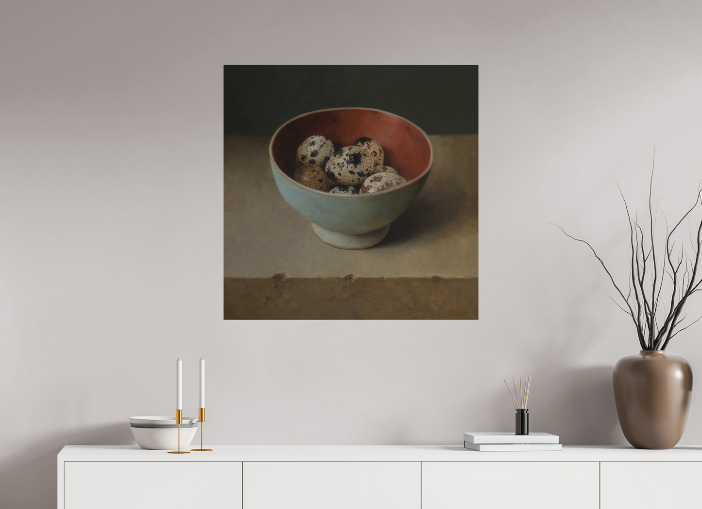 80 x 80 cm, Directdruk op dibond Quail Eggs in Wooden Bowl