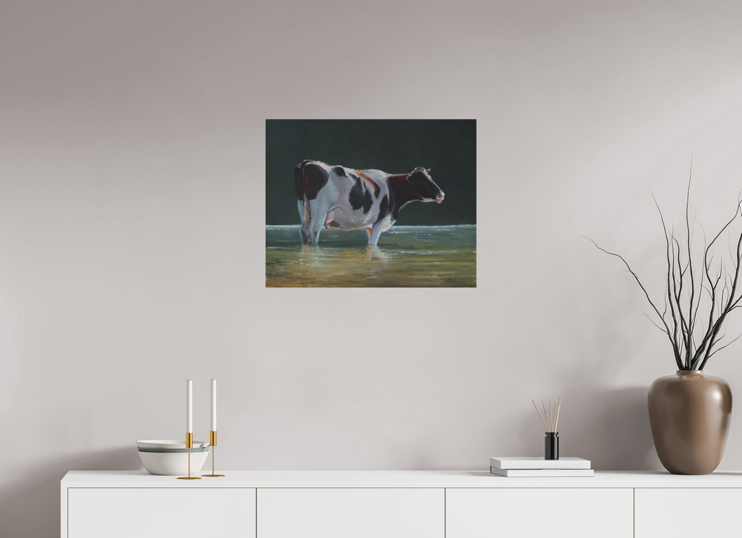 62,6 x 50 cm, Directdruk op dibond Cow in river