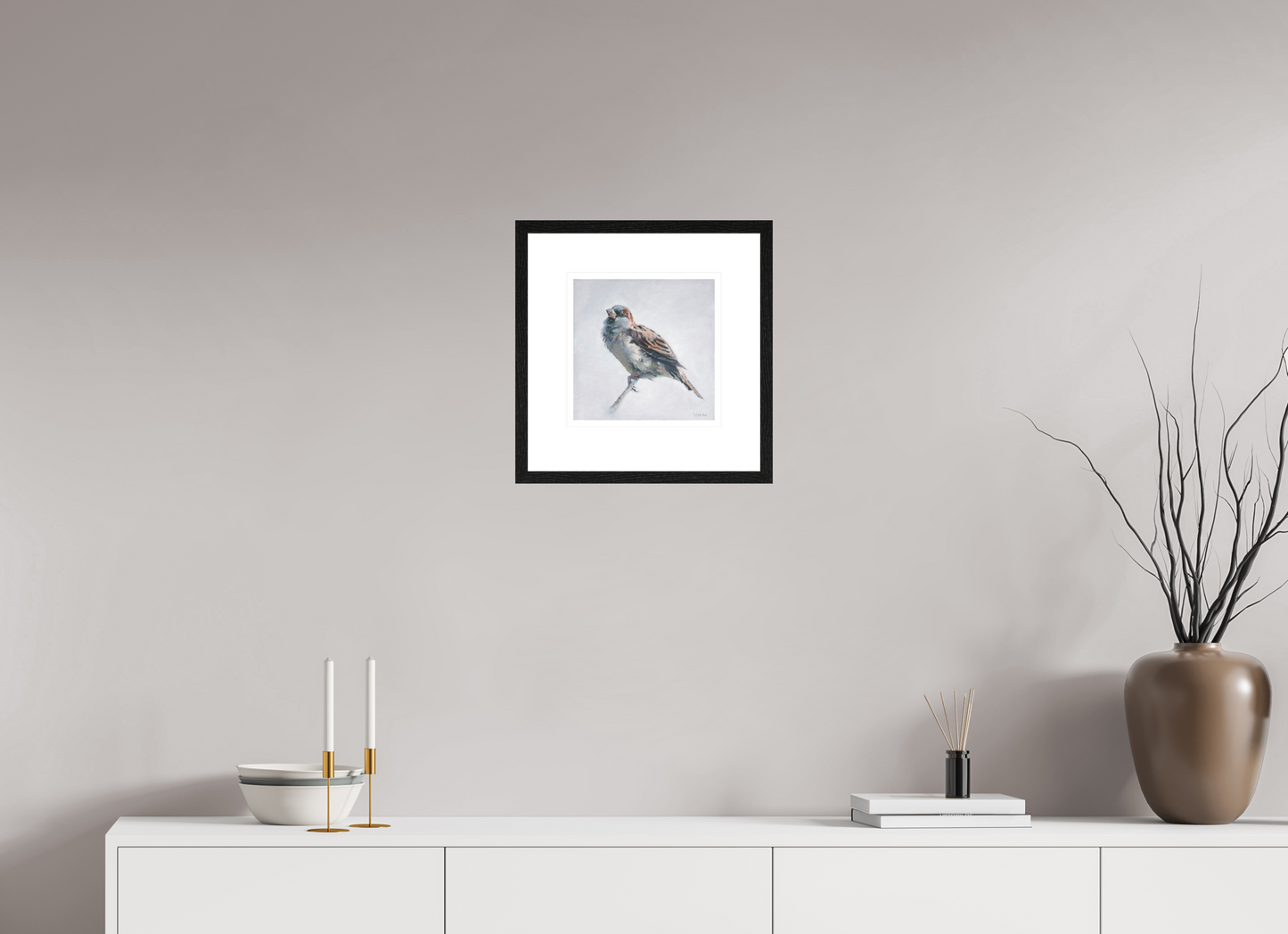 25 x 25 cm, Giclee met zwart eiken lijst Sparrow
