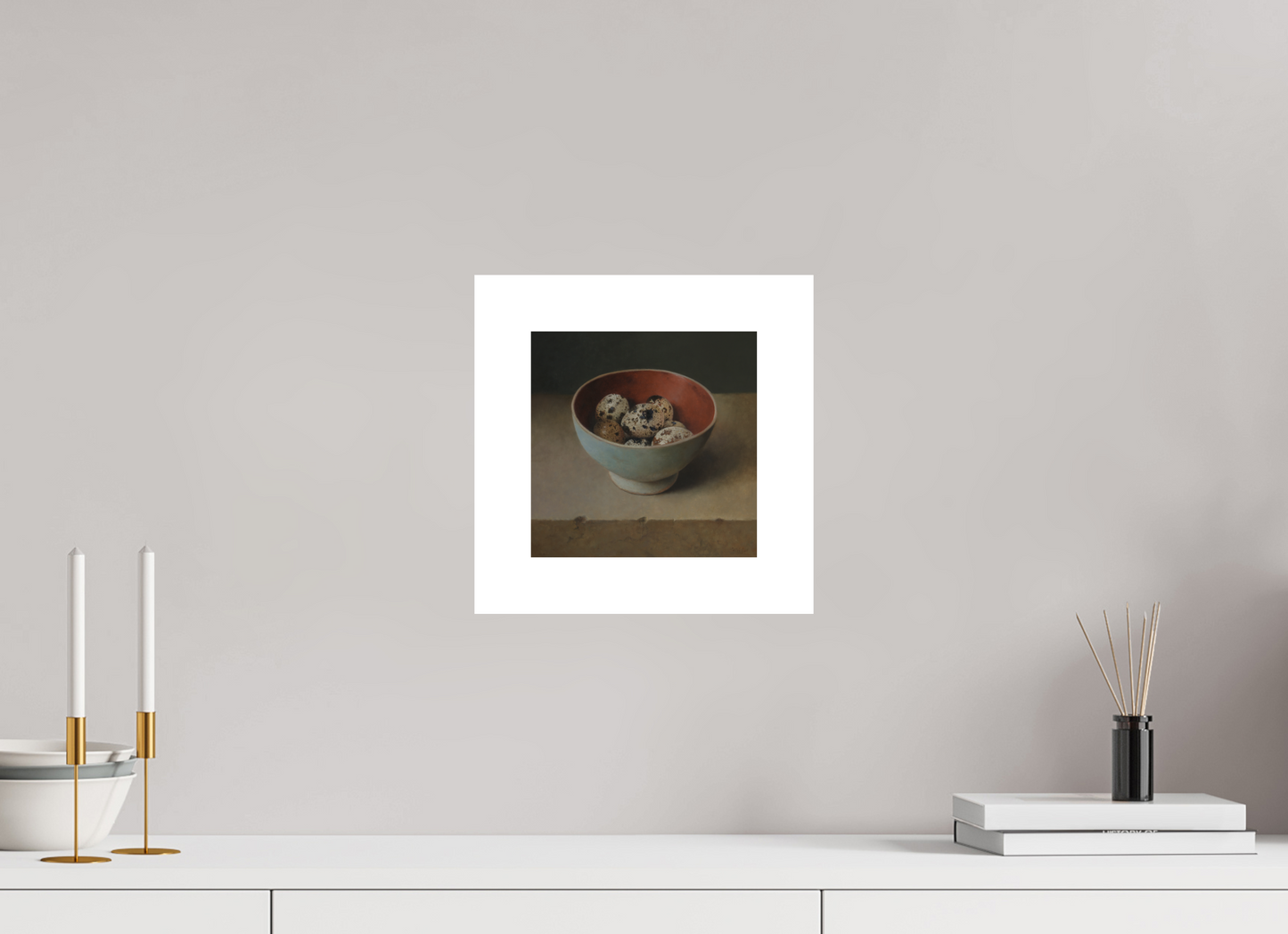 20 x 20 cm, Artprint op aquarelpapier Quail Eggs in Wooden Bowl