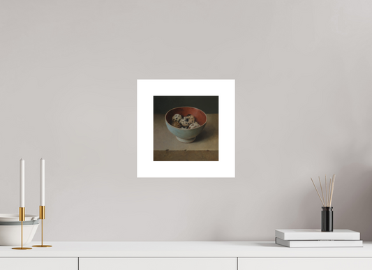 20 x 20 cm, Artprint op aquarelpapier Quail Eggs in Wooden Bowl