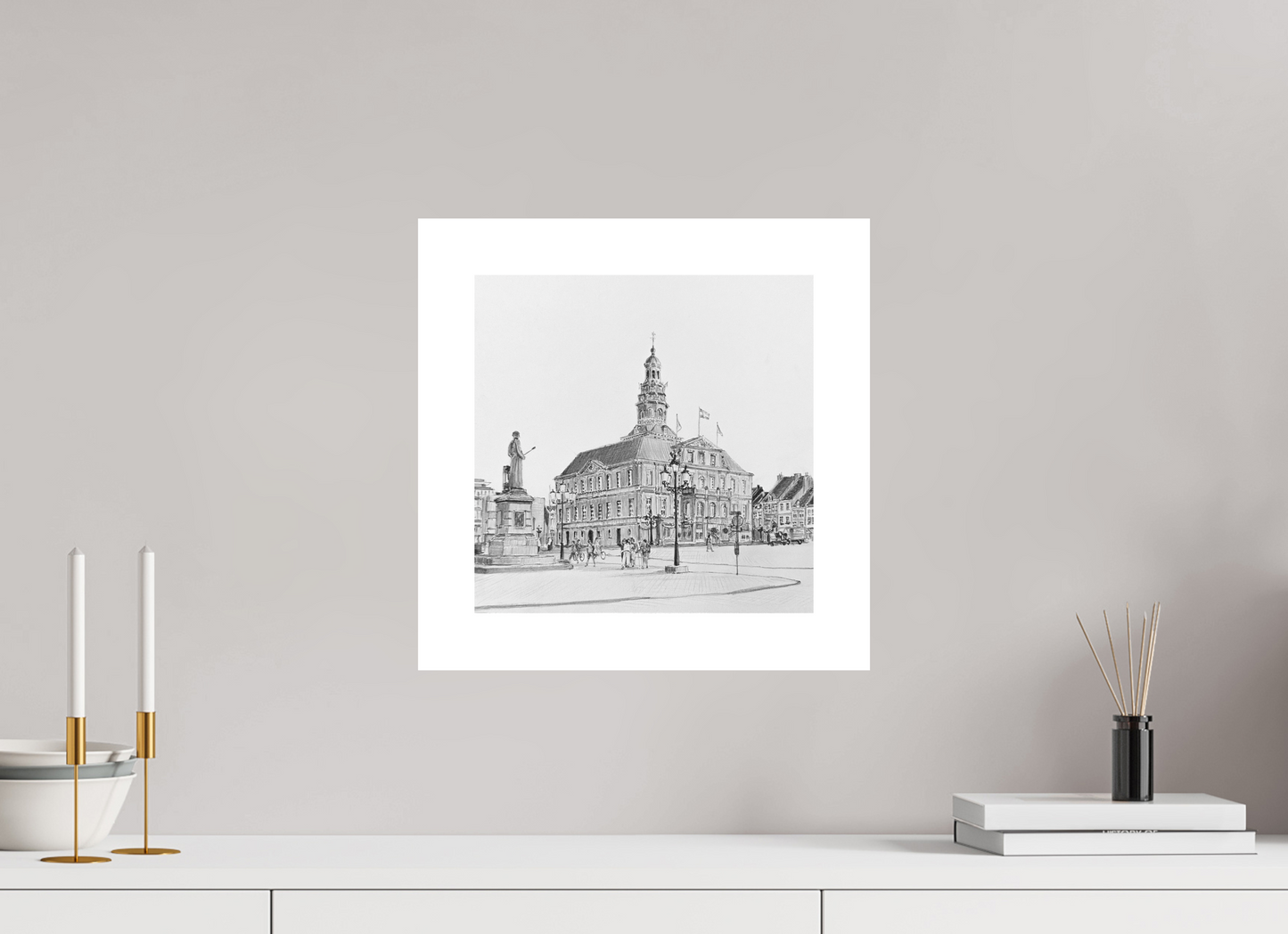 30 x 30 cm, Artprint op aquarelpapier Cityhall Maastricht