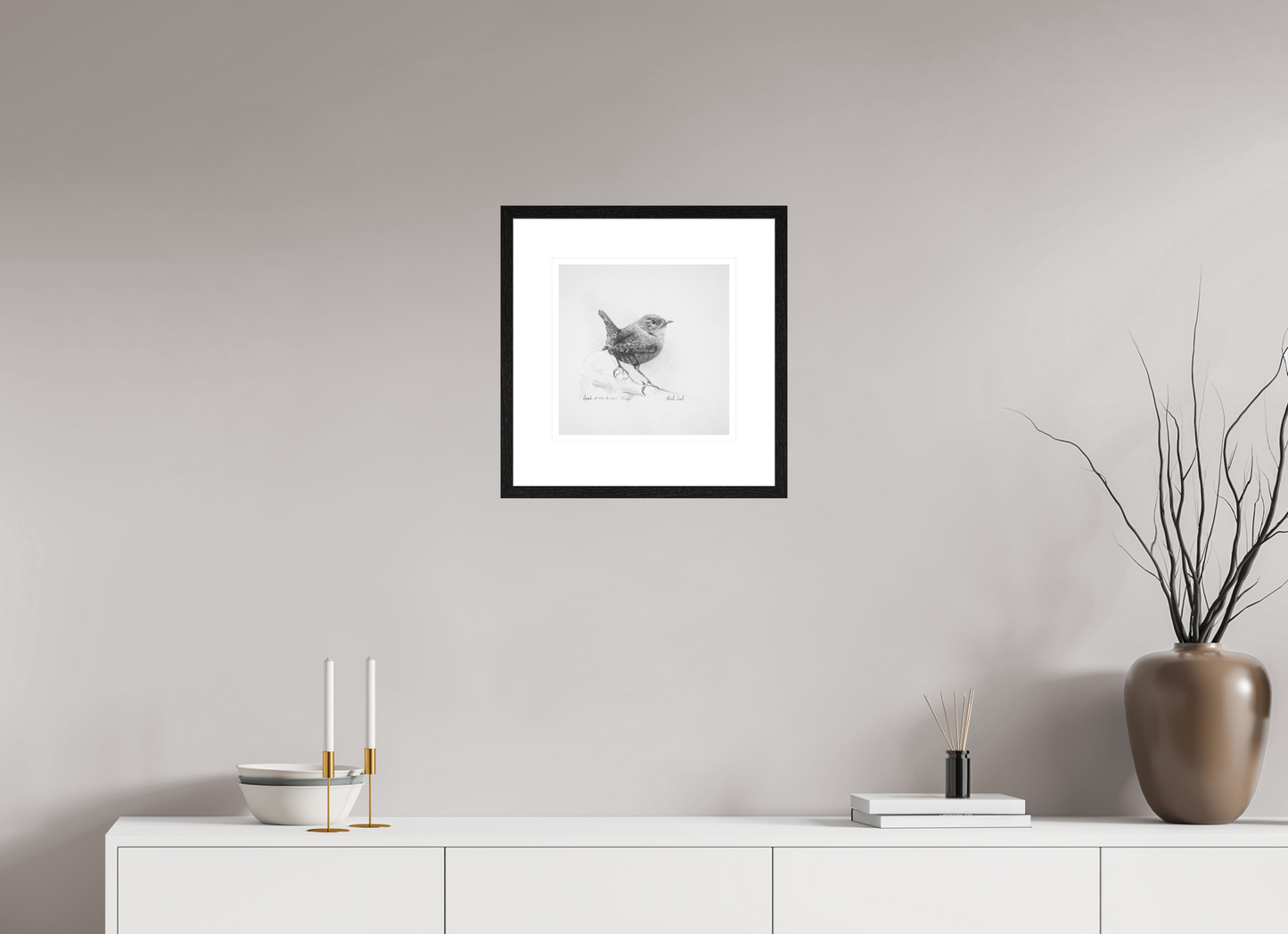 30 x 30 cm, Giclee met zwart eiken lijst Wren