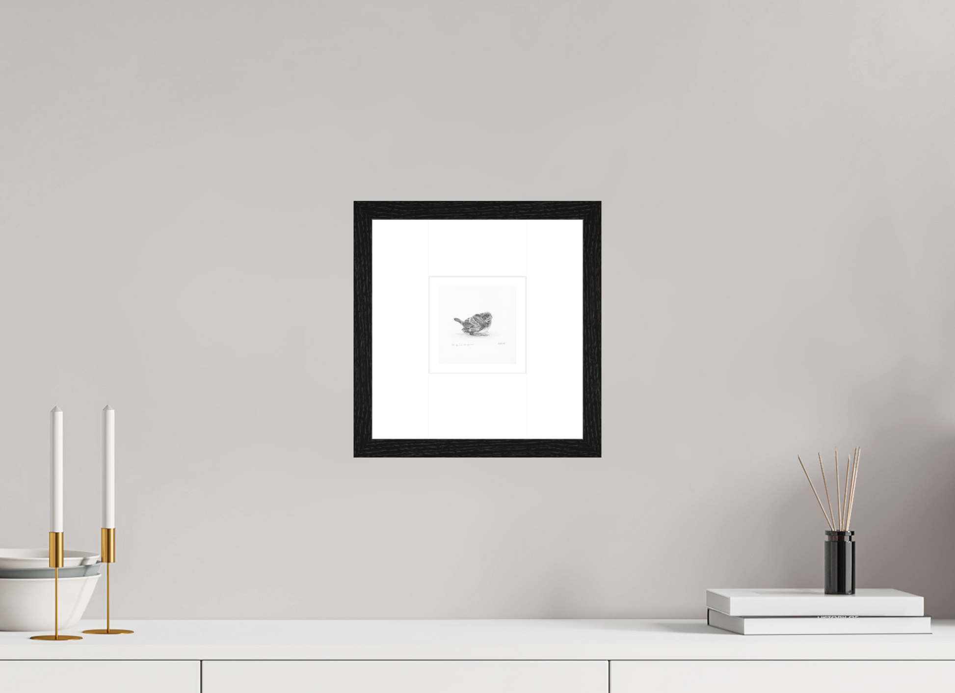 10 x 10 cm, Giclee met zwart eiken lijst Baby Sparrow