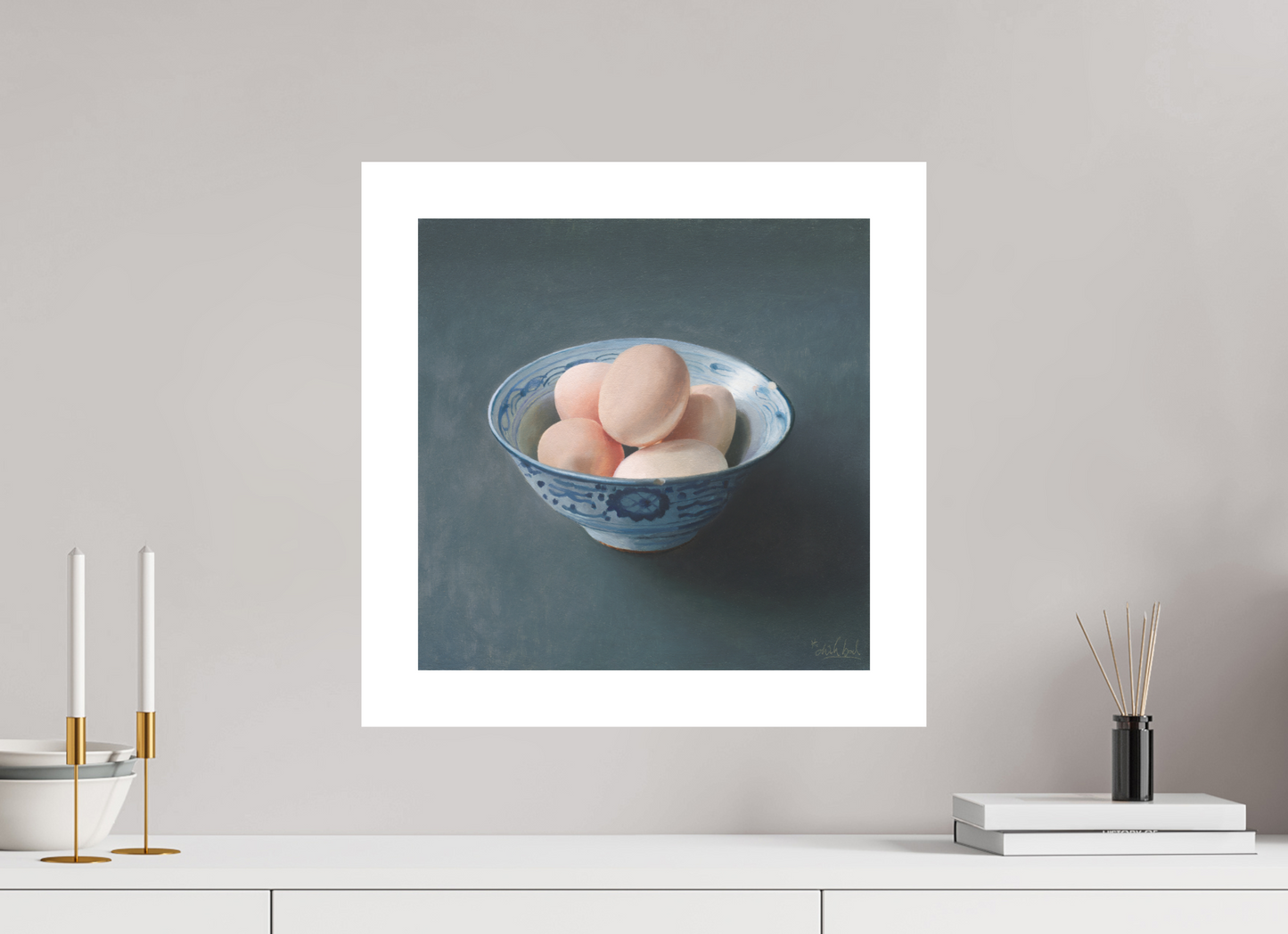 40 x 40 cm, Artprint op aquarelpapier Eggs in Chinese bowl