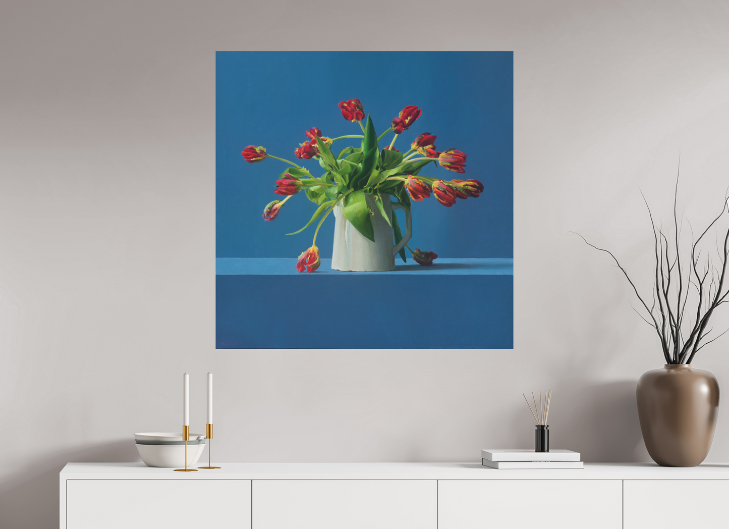 90 x 90 cm, Directdruk op dibond Parrot Tulips