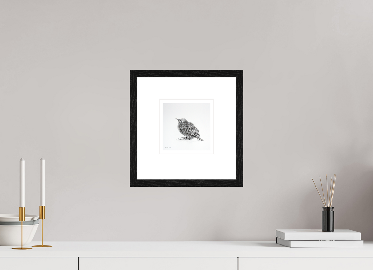 15 x 15 cm, Giclee met zwart eiken lijst Baby Starling