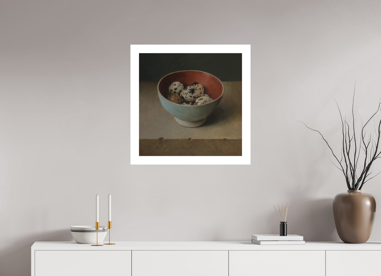 60 x 60 cm, Artprint op aquarelpapier Quail Eggs in Wooden Bowl