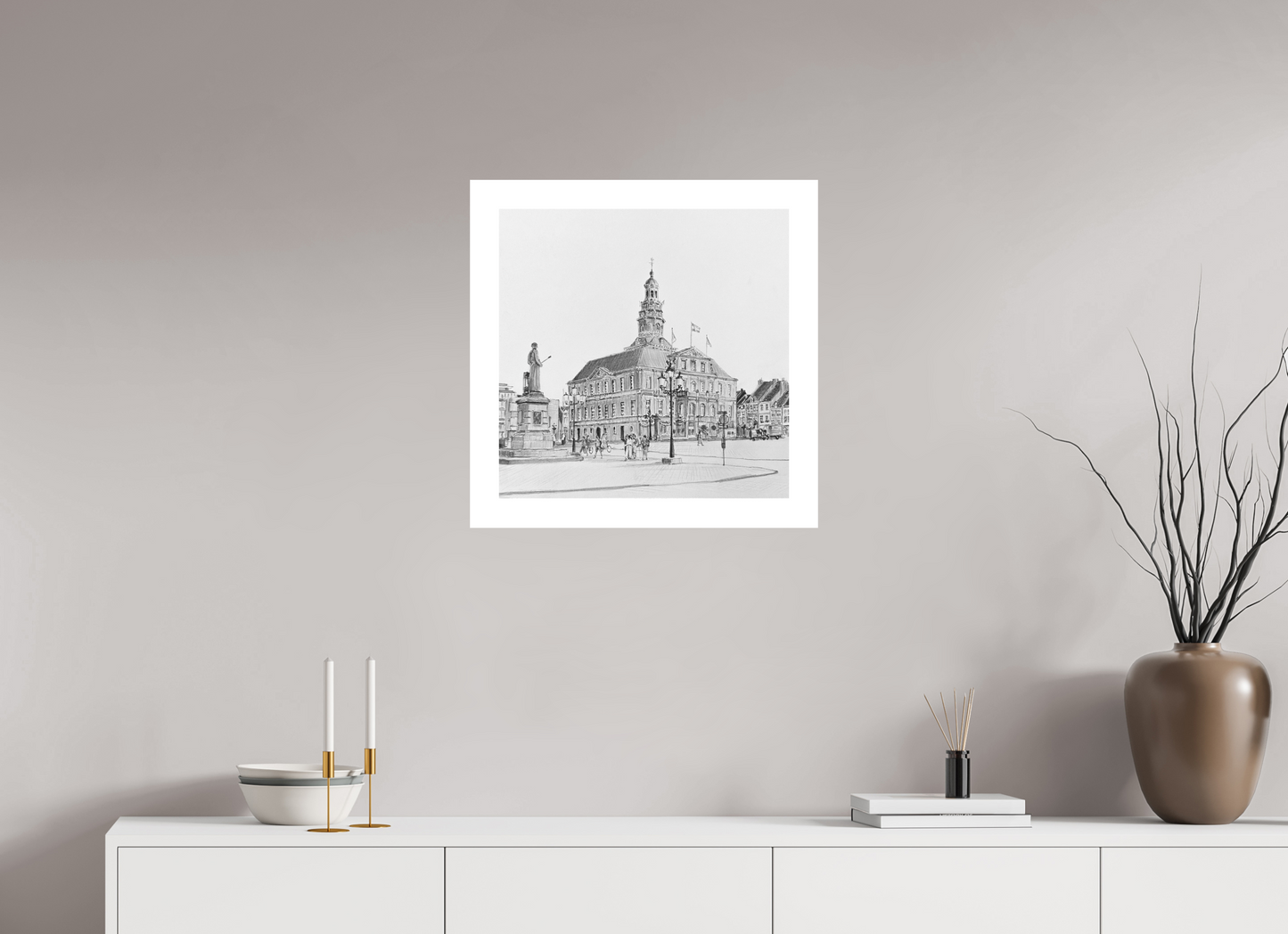 50 x 50 cm, Artprint op aquarelpapier Cityhall Maastricht